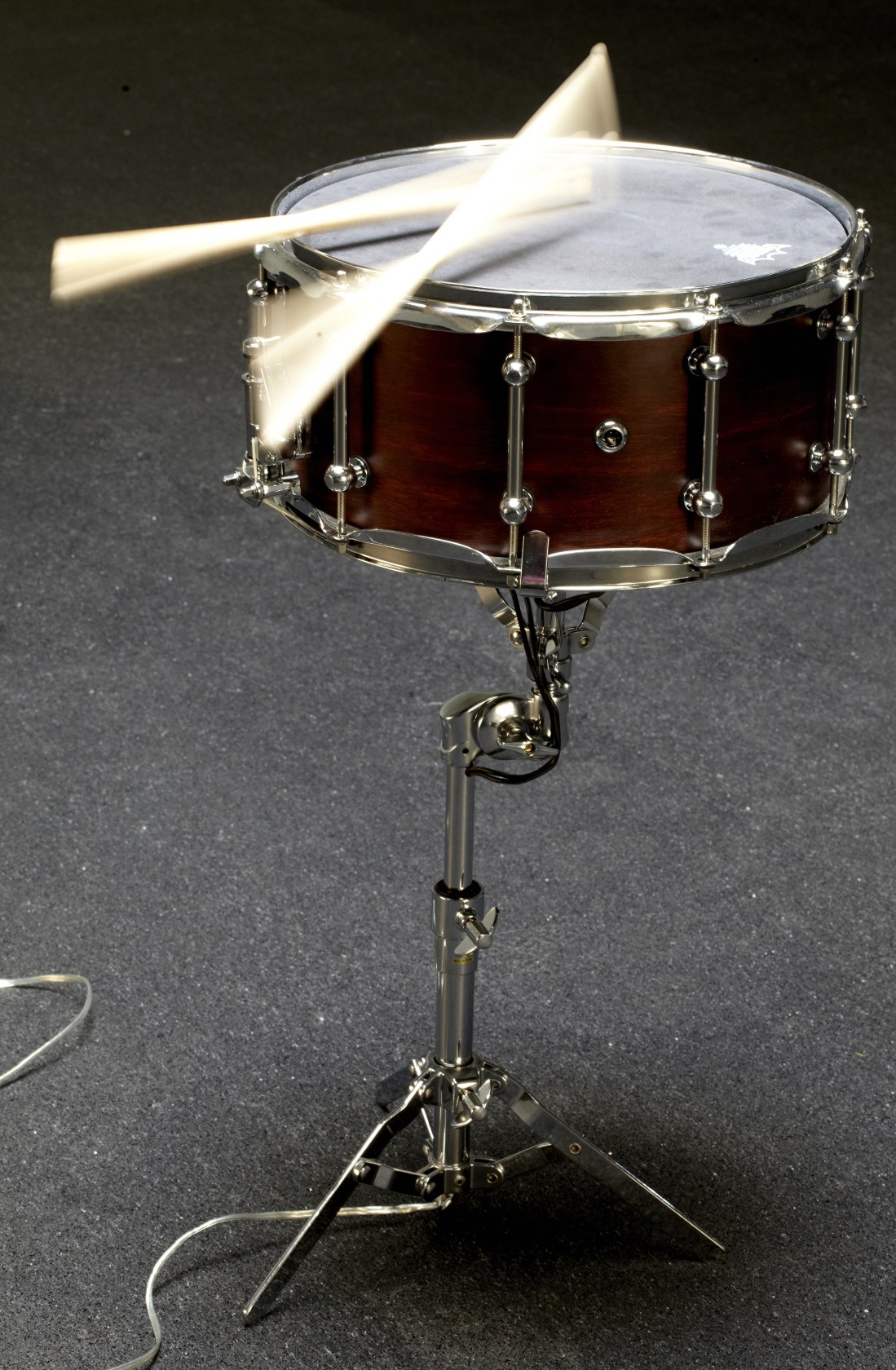 Another Solo in the Doldrums (Serpentine), 2011 Altered Brady snare drum, loudspeaker parts, snare stand, drumsticks The custom-made snare drum...