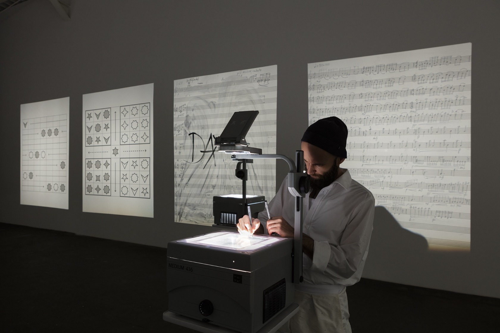 Who's Afraid of Sol La Ti? (Invention 1), 2016 49 musical modules (digital print on paper), 15 meta scores (foil...