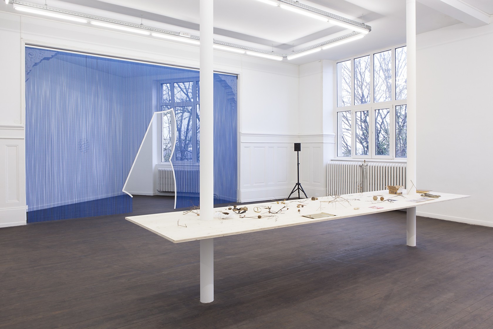 Table With Different Objects, 1998 – ongoing Wood, raw metal, mixed media Multiple prepared, mostly organic objects are placed across...