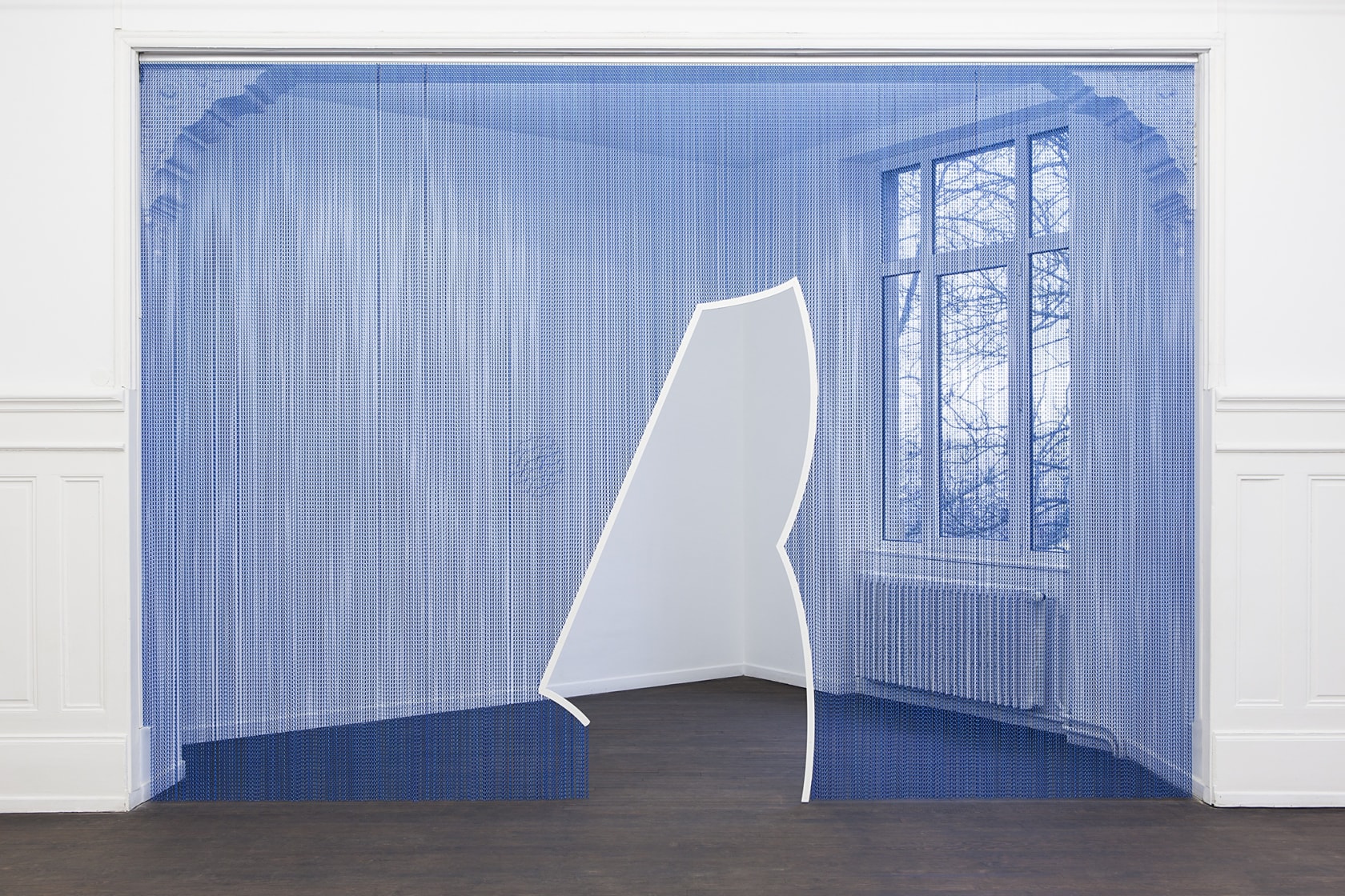 Untitled, 2014 Kriska aluminium curtain, laser-cut and powder coated steel frame The curtains are both indications of a transition (meant...