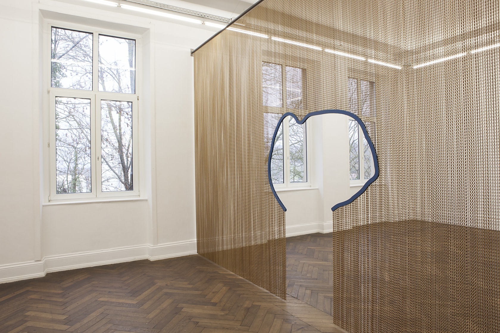 Untitled, 2014 Kriska aluminium curtain, laser-cut and powder coated steel frame The curtains are both indications of a transition (meant...