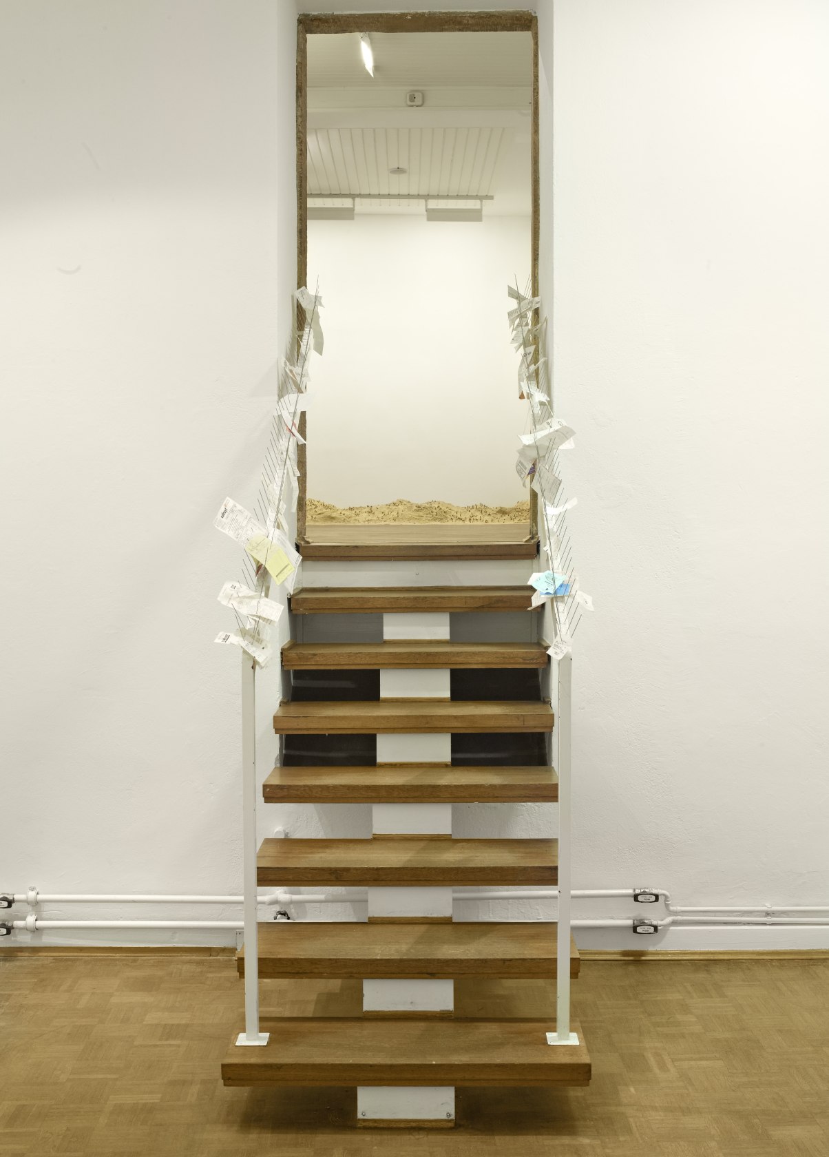 Untitled, 2009–10 Bird spike, collected receipts, sales tickets, bills, vouchers Photo © Phillipp Ottendörfer