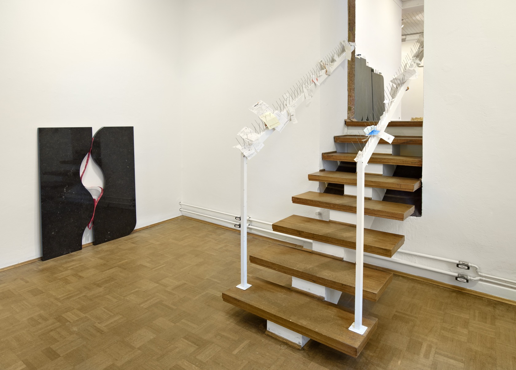 Untitled (Flama), 2010 (left) Two marble slabs Untitled, 2009–10 (right) Bird spike, collected receipts, sales tickets, bills, vouchers Photo ©...