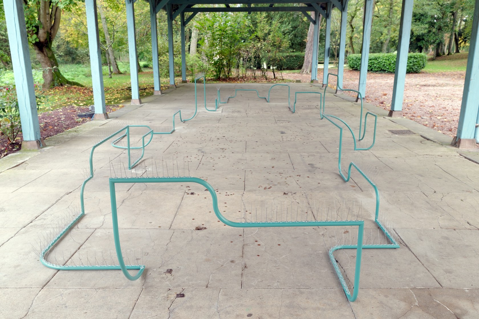 Bottled Water P.1, 2013 at Promenoir at Parc Saint Léger Powder-coated tube, bird spikes, coins The sculpture addresses the history,...