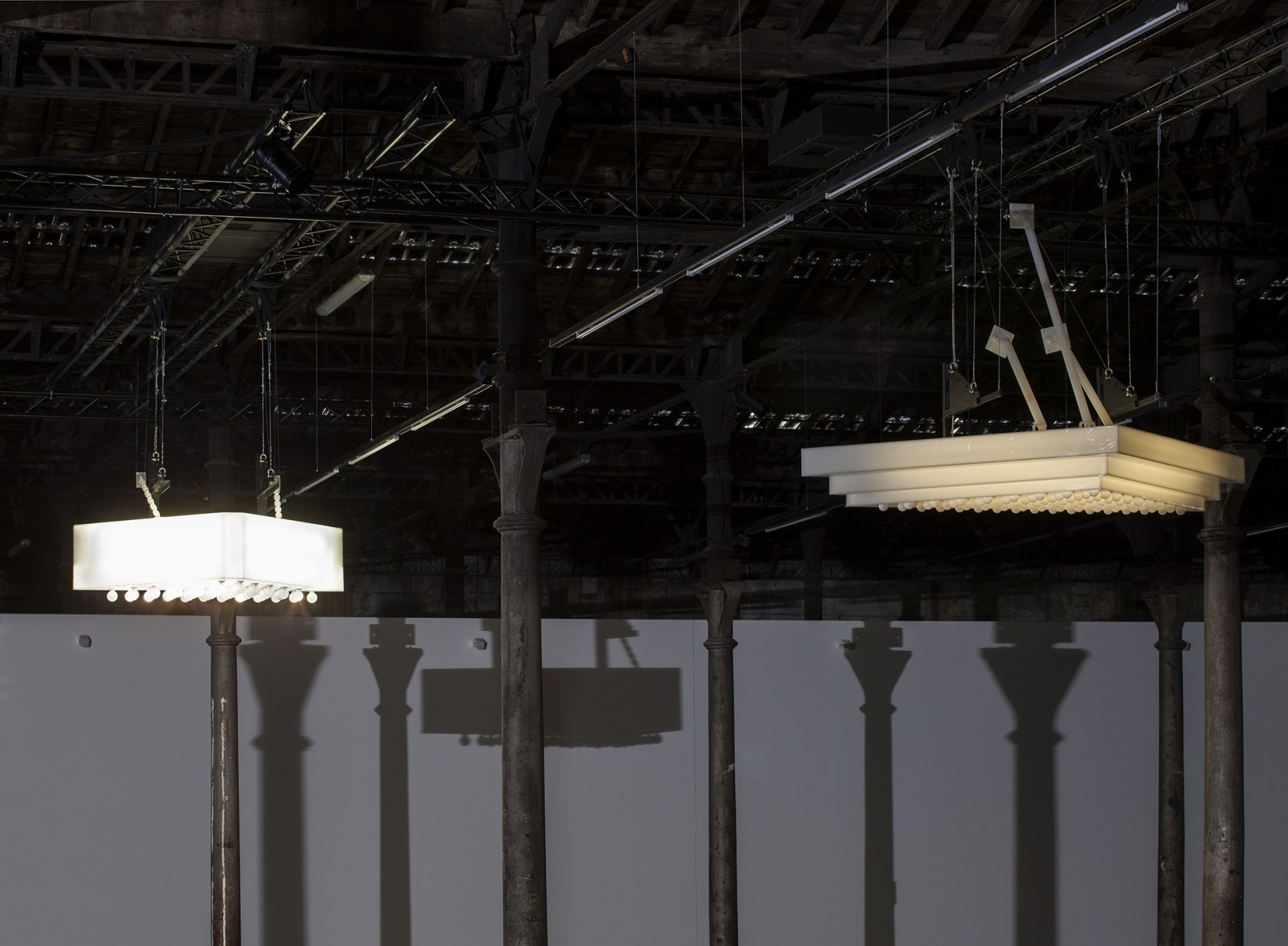 Marquee, 2013 (left) Opaque Plexiglas with interior steel supportive structure, decorative lightbulbs, with quartz lamps inside 164,2 x 300 x...