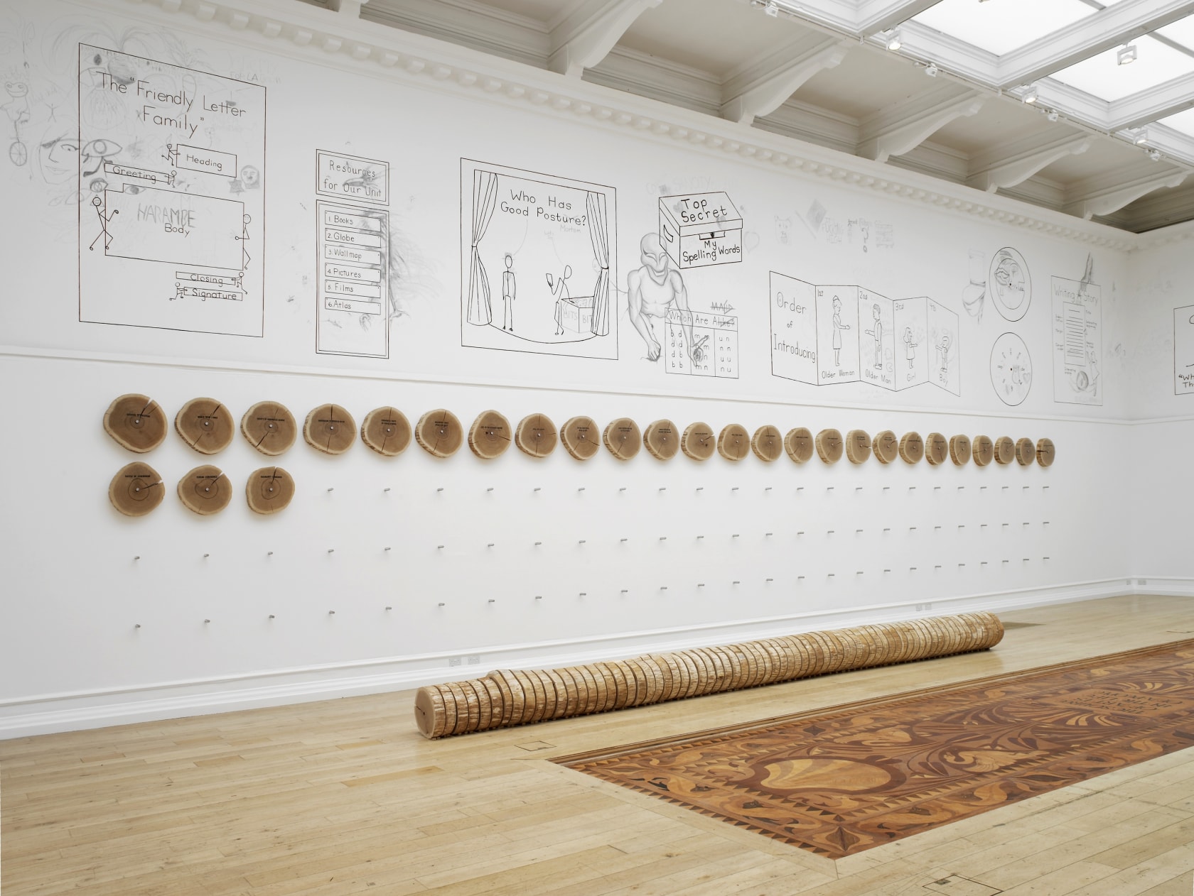 Awesome Rules of Language, 2016 (on the upper half of the wall) Textbook illustrations painted in acrylic on gallery walls,...