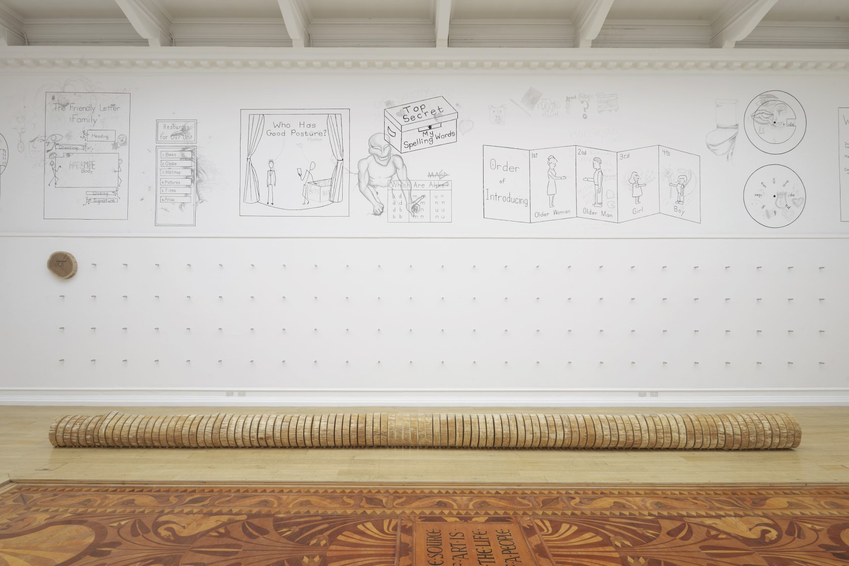 Awesome Rules of Language, 2016 (on the upper half of the wall) Textbook illustrations painted in acrylic on gallery walls,...