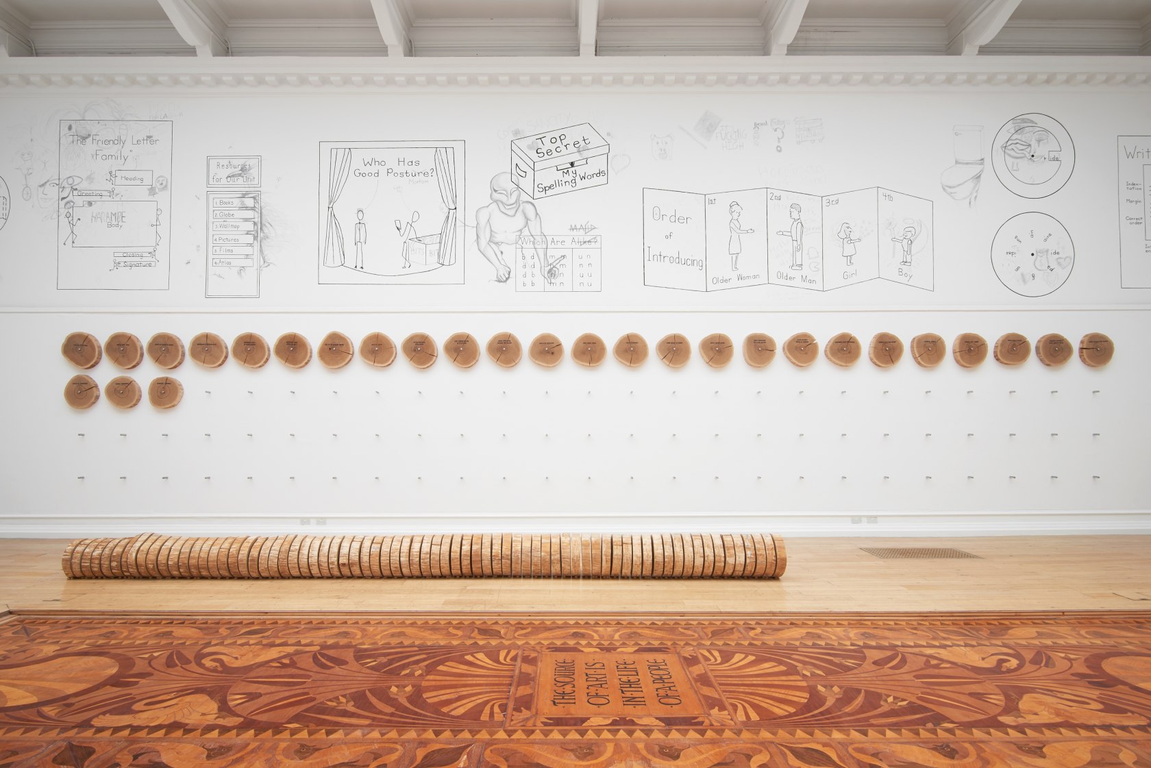 Awesome Rules of Language, 2016 (on the upper half of the wall) Textbook illustrations painted in acrylic on gallery walls,...