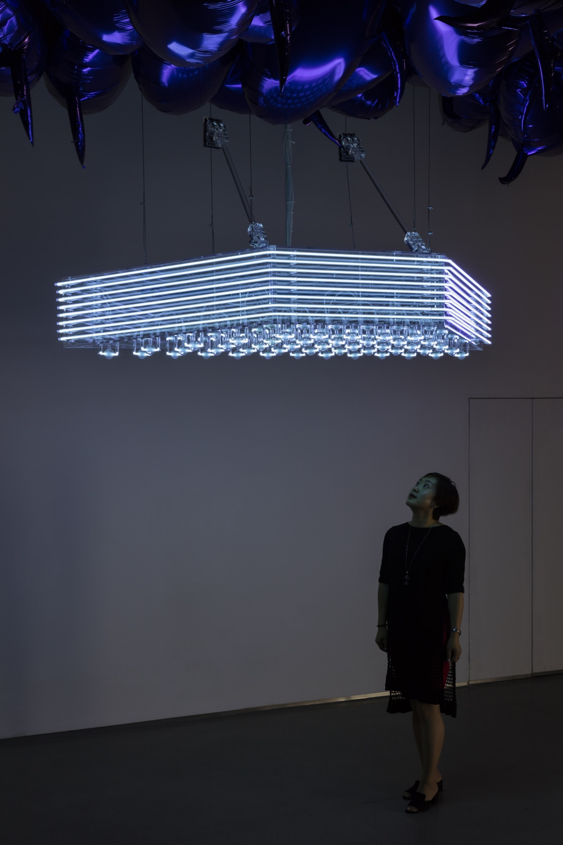 Philippe Parreno Speech Bubbles (Violet) (on the ceiling) 1,500 mylar balloons, mould of balloons, certificate Philippe Parreno Marquee (suspended) Transparent...