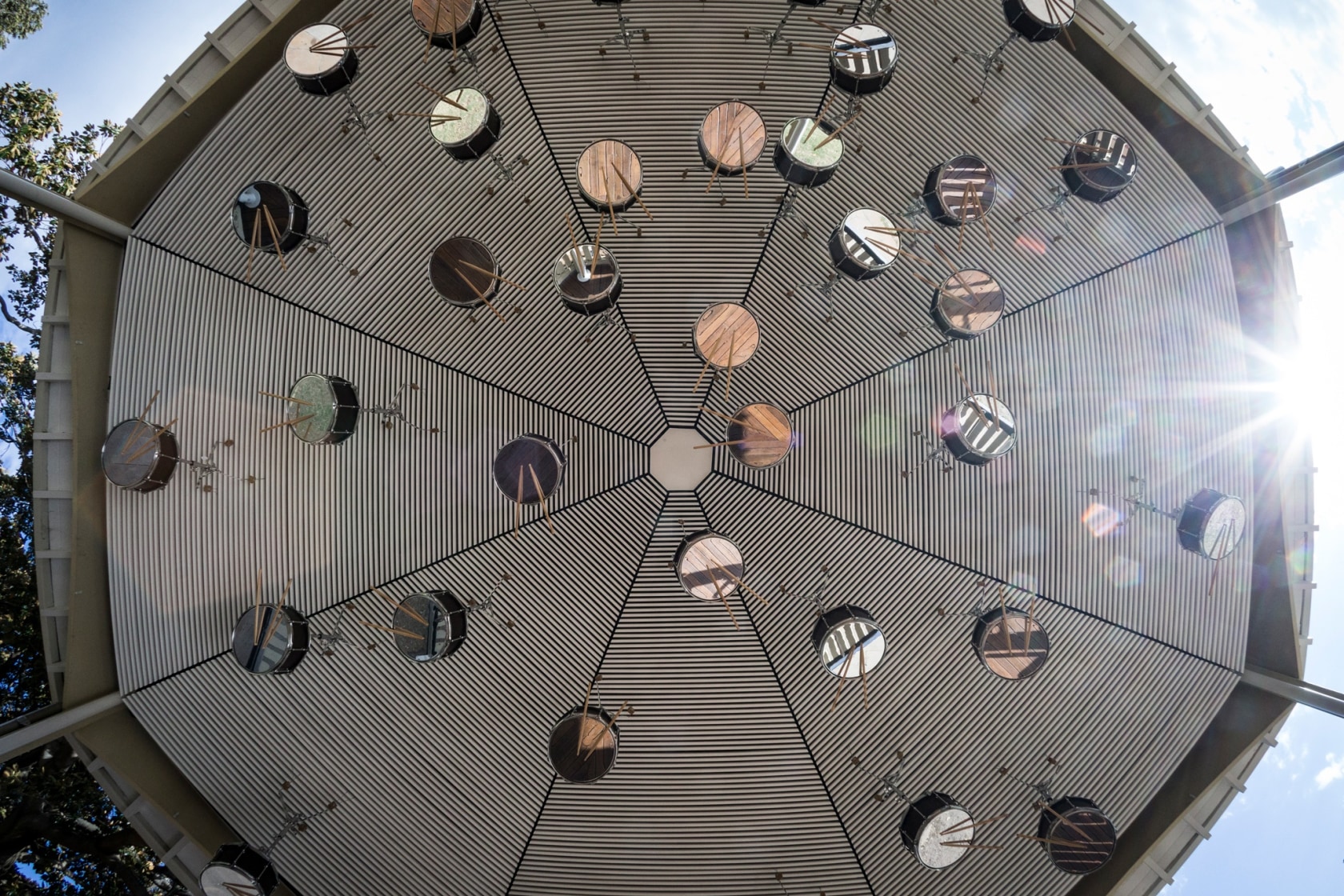 The Last Resort, 2017 42-channel sound installation including 38 altered snare drums, loudspeaker parts, snare stands, drumsticks, soundtrack and 4...