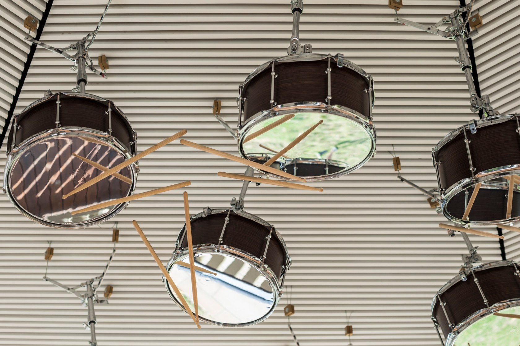 The Last Resort, 2017 42-channel sound installation including 38 altered snare drums, loudspeaker parts, snare stands, drumsticks, soundtrack and 4...