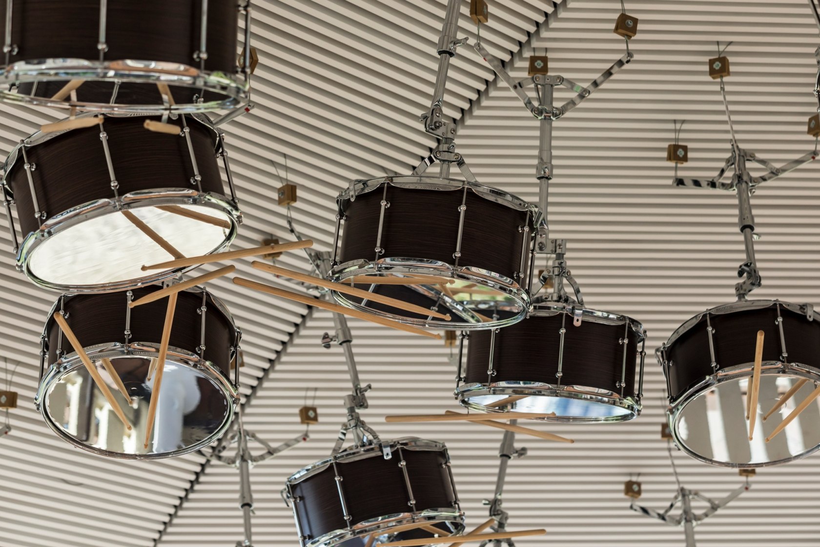 The Last Resort, 2017 42-channel sound installation including 38 altered snare drums, loudspeaker parts, snare stands, drumsticks, soundtrack and 4...