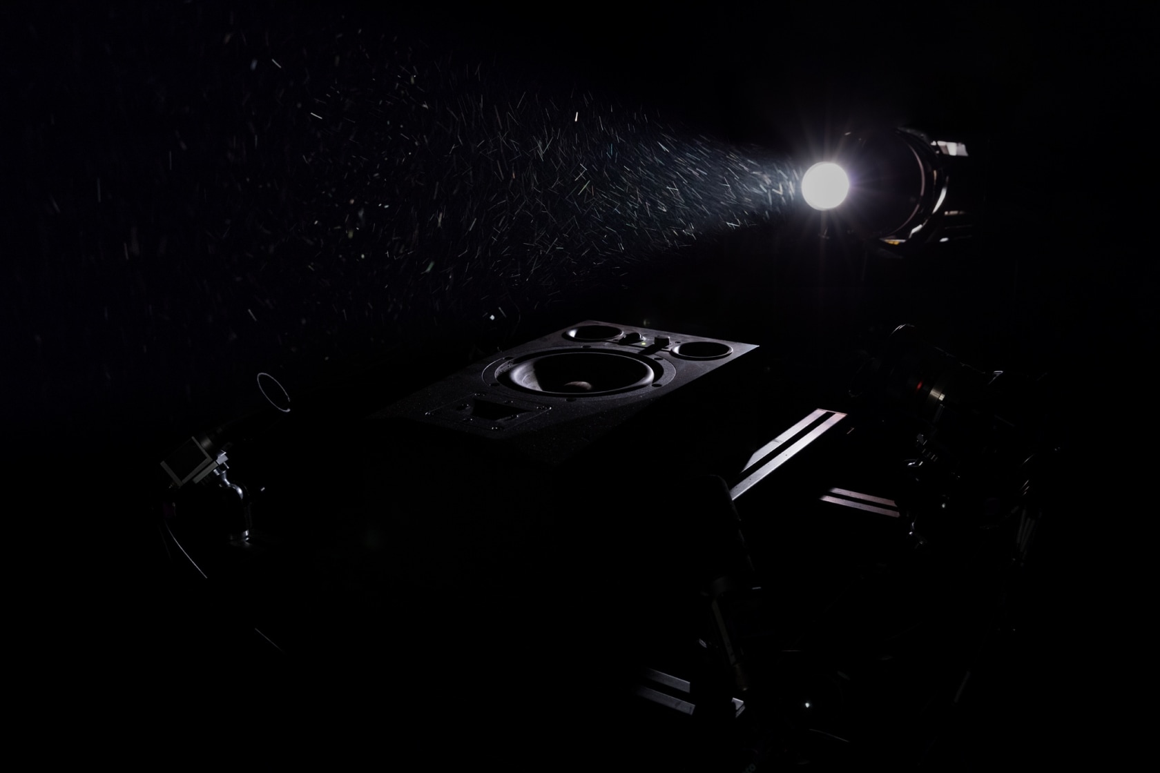 The Cosmic Dust Spider Web Orchestra, 2017 (detail) Nephila senegalensis silk, carbon frame, light beam, meteoritic dust, stellar wind, sonic...