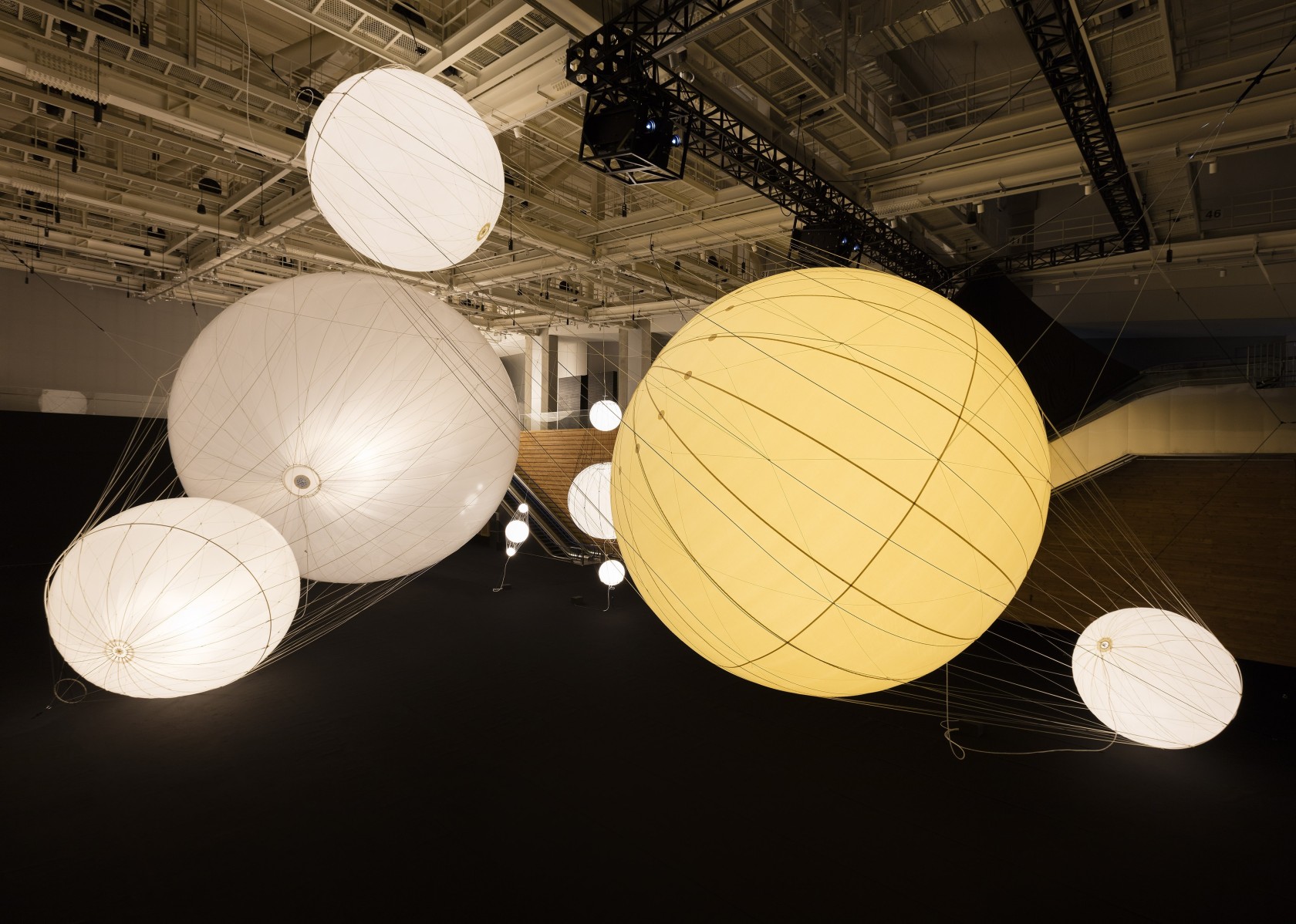 Exhibition view Our Interplanetary Bodies, 2017 Asia Culture Center, Gwangju The interconnected spherical bodies are illuminated from inside and enmeshed...