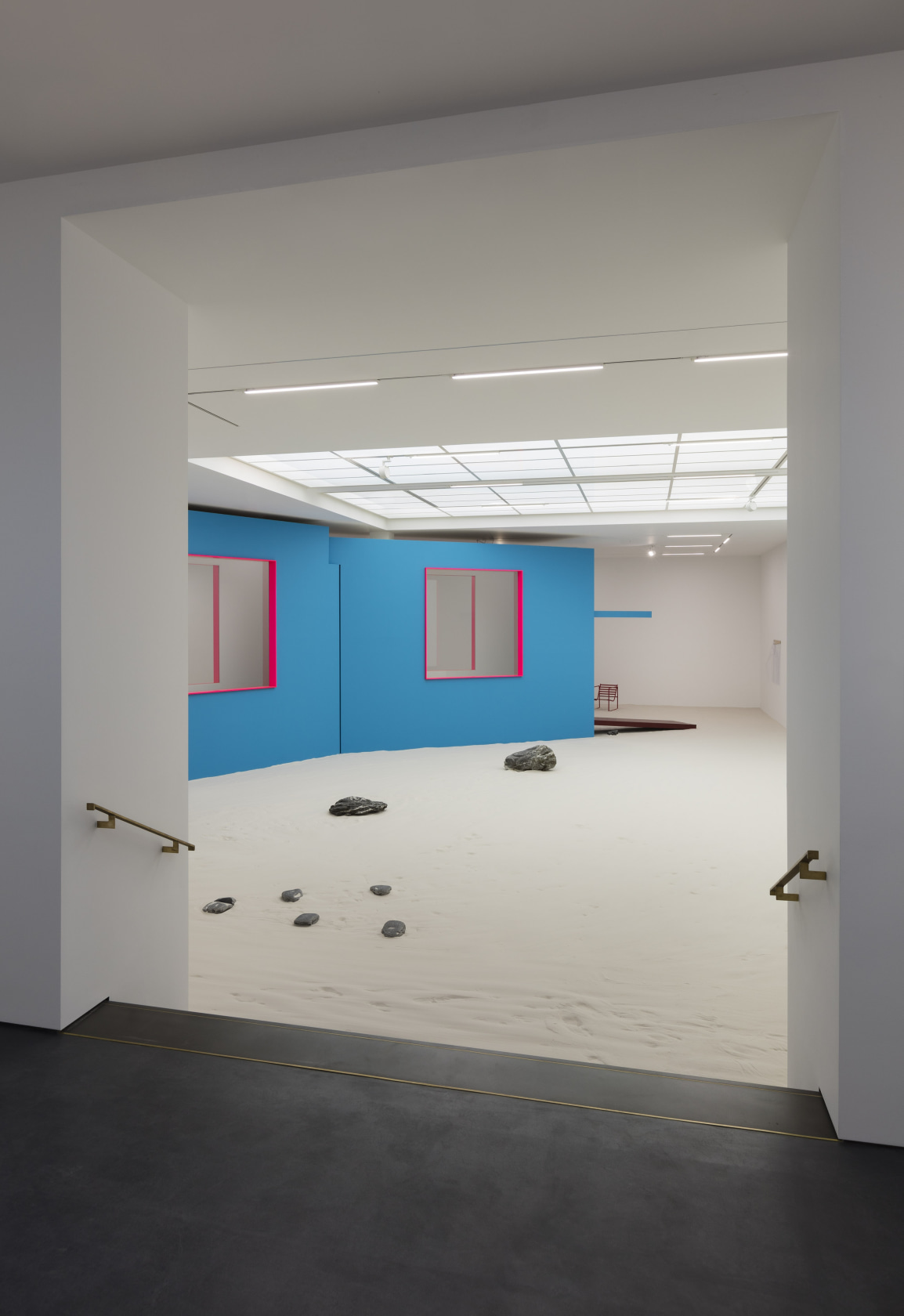 ballardian four, 2015–17 Plasterboard, glass, metal (house) Shower curtain, metal rod, camp bed, soft PVC foil, Plexiglas, velcro (inside the...