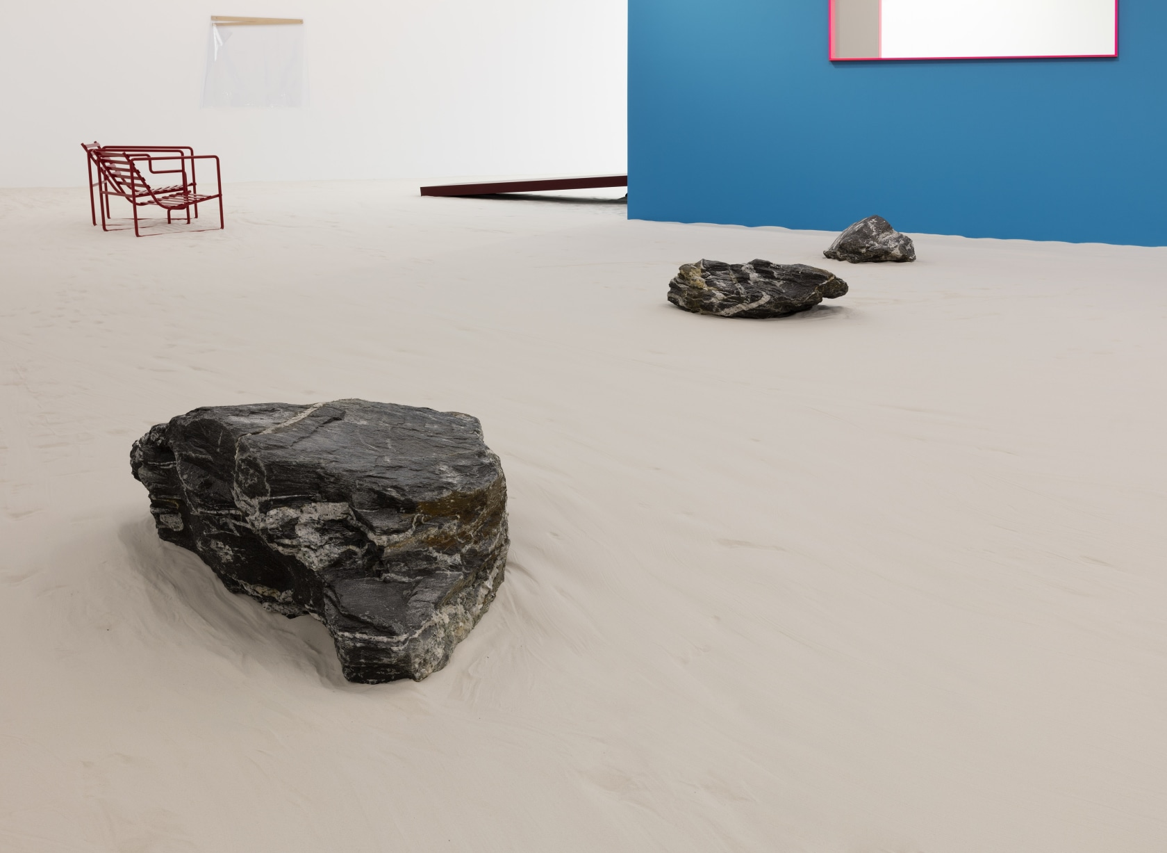 ballardian four, 2015–17 Plasterboard, glass, metal (house) Shower curtain, metal rod, camp bed, soft PVC foil, Plexiglas, velcro (inside the...