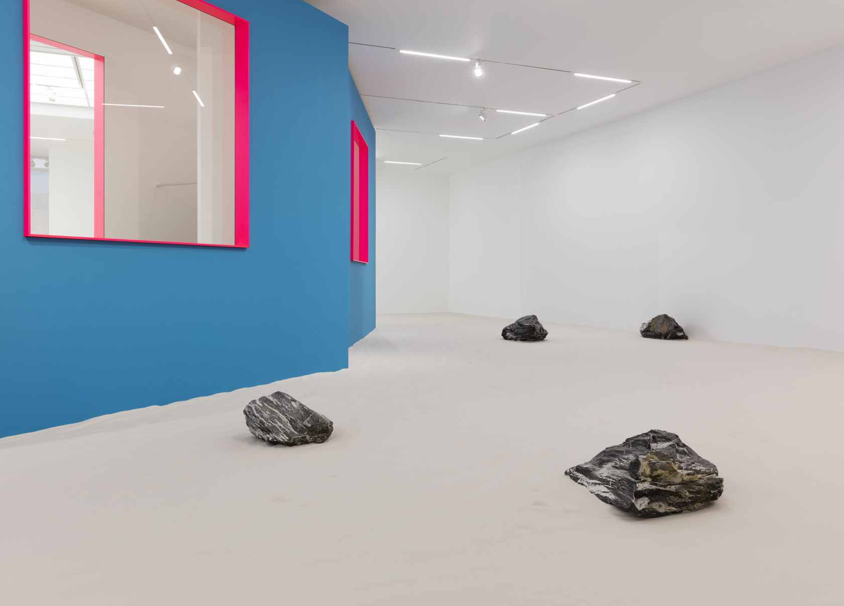 ballardian four, 2015–17 Plasterboard, glass, metal (house) Shower curtain, metal rod, camp bed, soft PVC foil, Plexiglas, velcro (inside the...