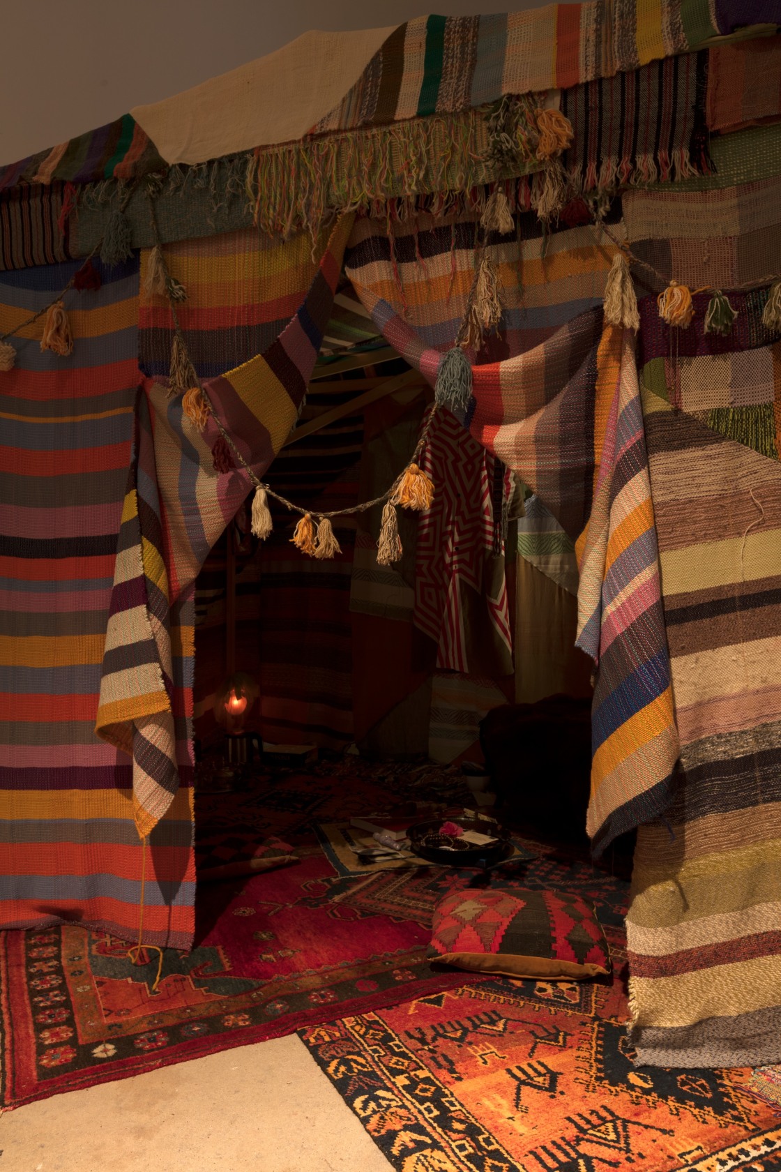 Tent for Healing (in collaboration with Travis Meinholf), 2013 Mixed media installation with ash frame, woven wool and cotton fabrics,...