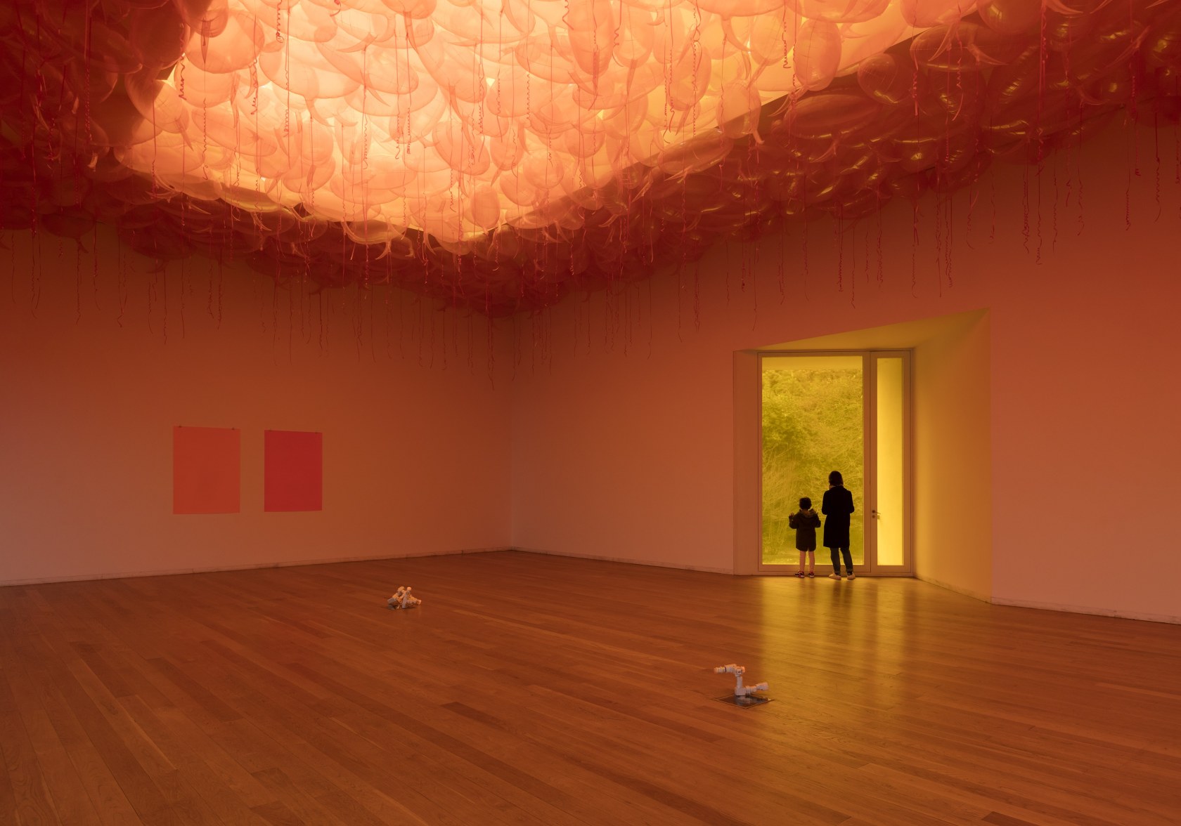 From above: Speech Bubbles (Transparent Orange), 2016 Mylar ballons, helium Fade to Black series, 2004–13 Silkscreen print, phosphorescent ink on...