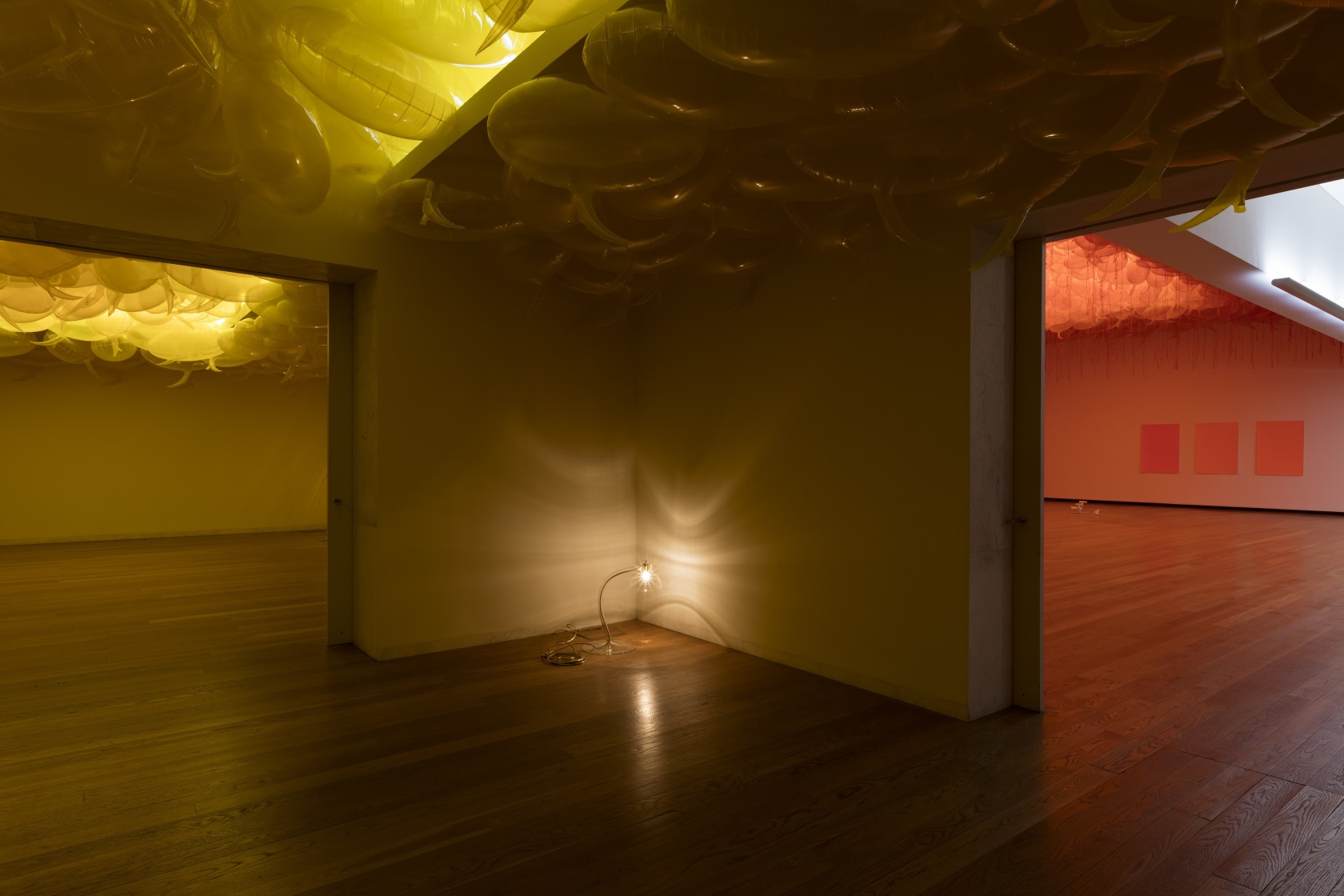 From above: Speech Bubbles (Transparent Yellow), 2016 Mylar balloons, helium Happy Ending, 2014–16 Crystal, electric cord Photo © Andrea Rossetti