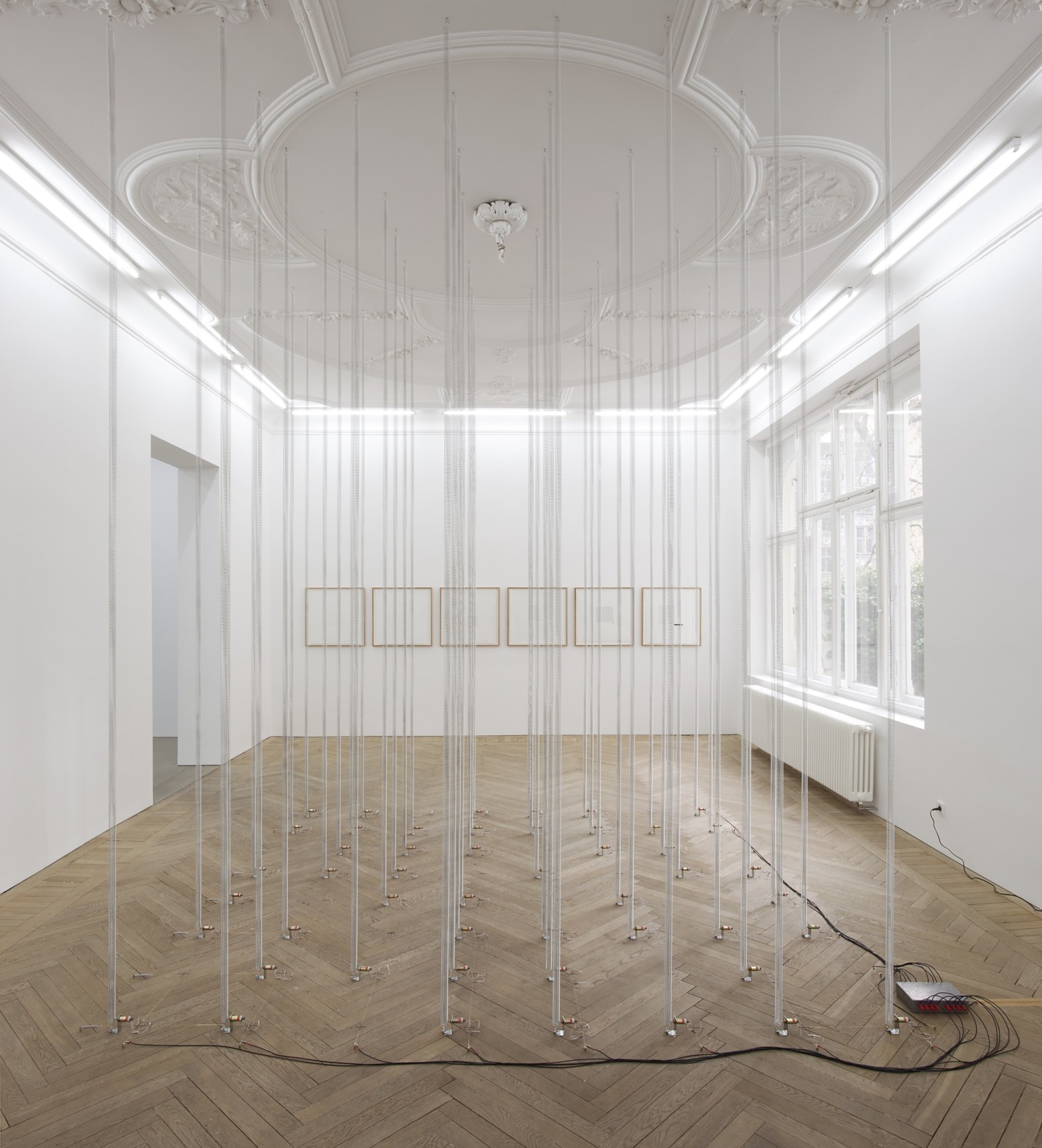 Spring Field, 2012 (front) Coil springs, solenoids, control unit, electric leads, attachments Automatic Drawing I - VI, 2013 (wall) Ink...