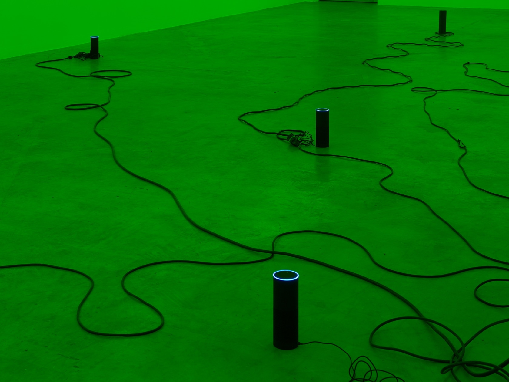 Julia Scher Delta Alexa, 2018 Alexa virtual assistants, green gel filter, MP3 players, cables Dimensions variable Photo © Simon Vogel