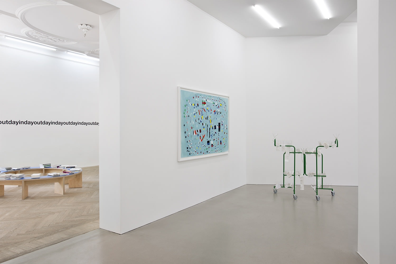 Liam Gillick Bluer Monday, 2002 (detail) (far left) Vinyl text on wall Dimensions variable Liam Gillick Prototype Seating For A...