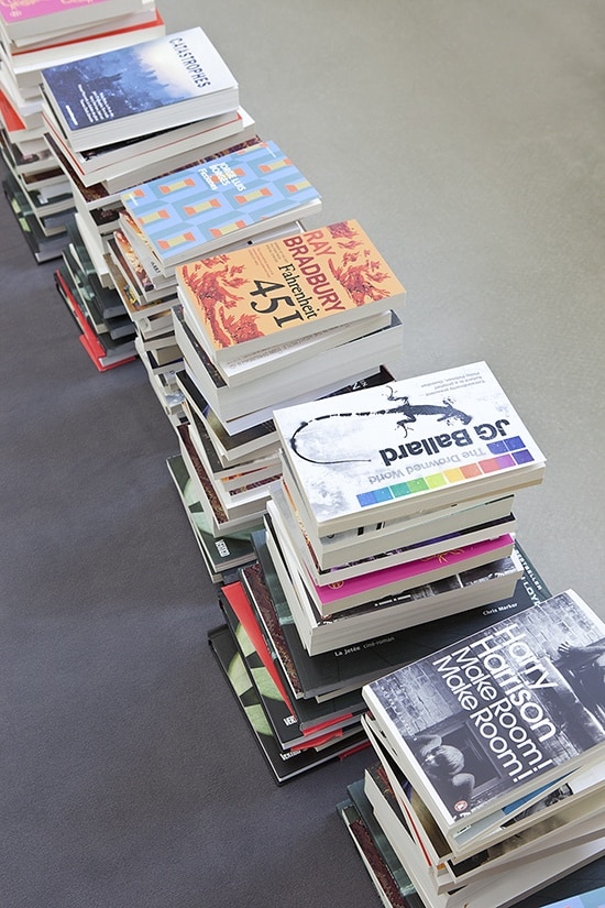 Dominique Gonzalez-Foerster 2058 (Bibliography), 2012 (detail) Grey carpet, 400 books 300 x 300 cm (carpet) variable (books) Photo © Andrea...