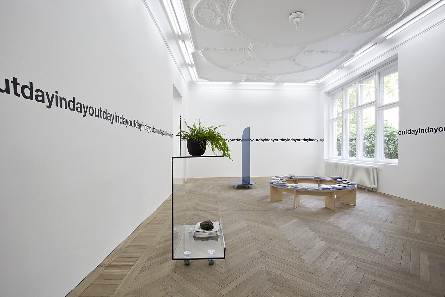 Liam Gillick Bluer Monday, 2002 Vinyl text on wall Dimensions variable Gabriel Kuri Element D.1, 2012 (left) Plexiglas and steel...