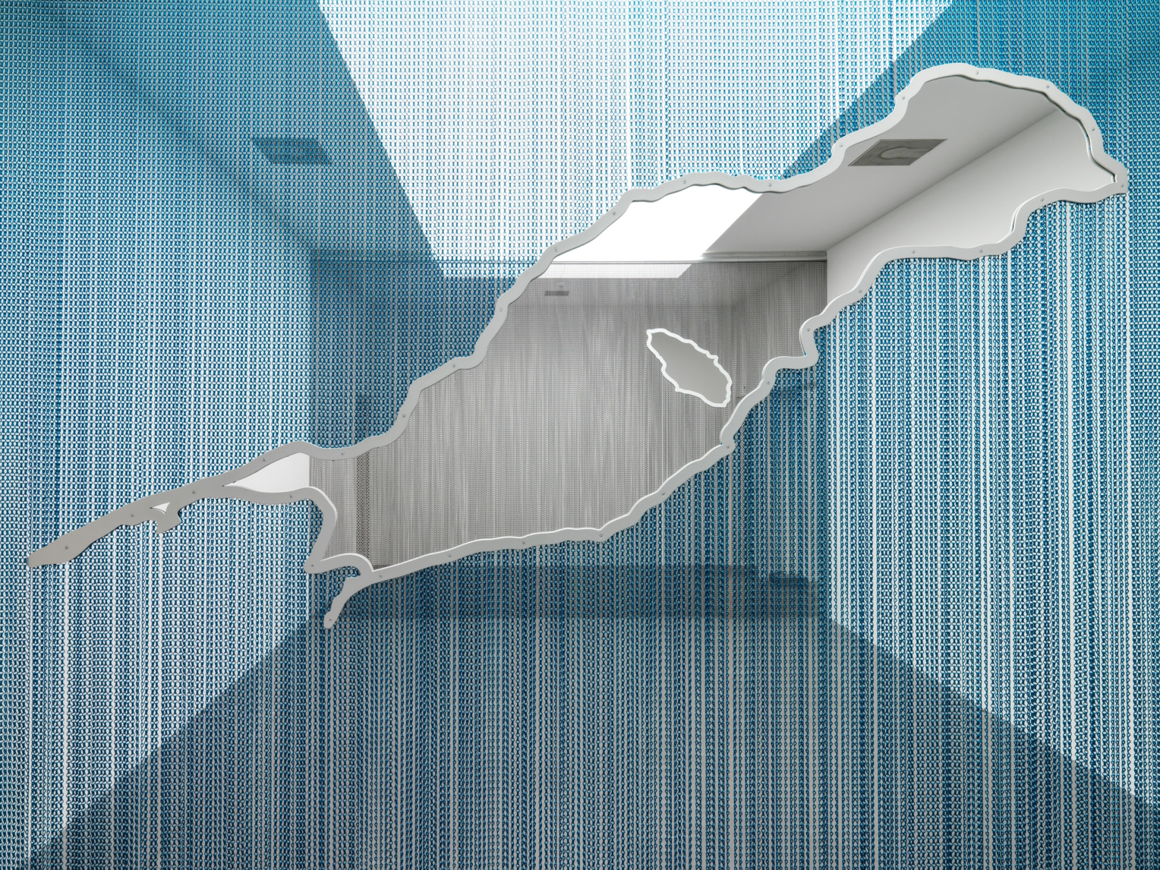 Daniel Steegmann Mangrané Summer Clouds, 2017 Kriska aluminium curtains, aluminium rail, powder-coated steel frames 350 x 890 x 6 cm,...