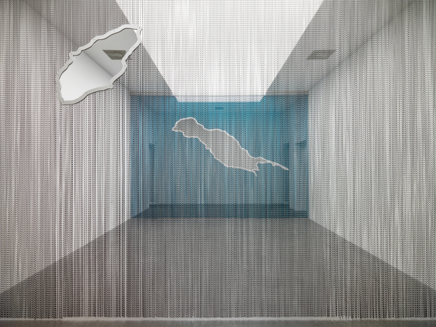 Daniel Steegmann Mangrané Summer Clouds, 2017 Kriska aluminium curtains, aluminium rail, powder-coated steel frames 350 x 890 x 6 cm,...