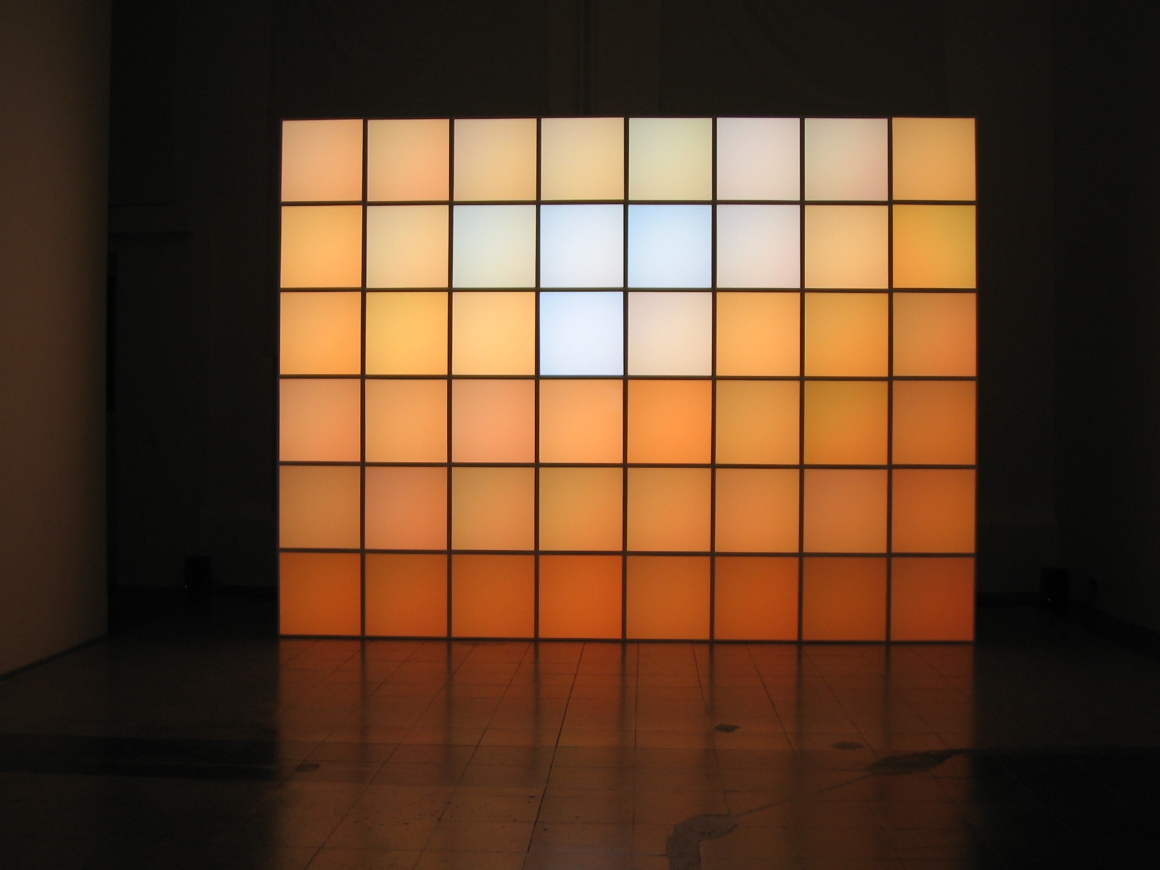 Z Point, 2001, 2004 48 plastic pixel modules (wall of 6 x 8 modules) Plastic, printed aluminium panel, white glass,...