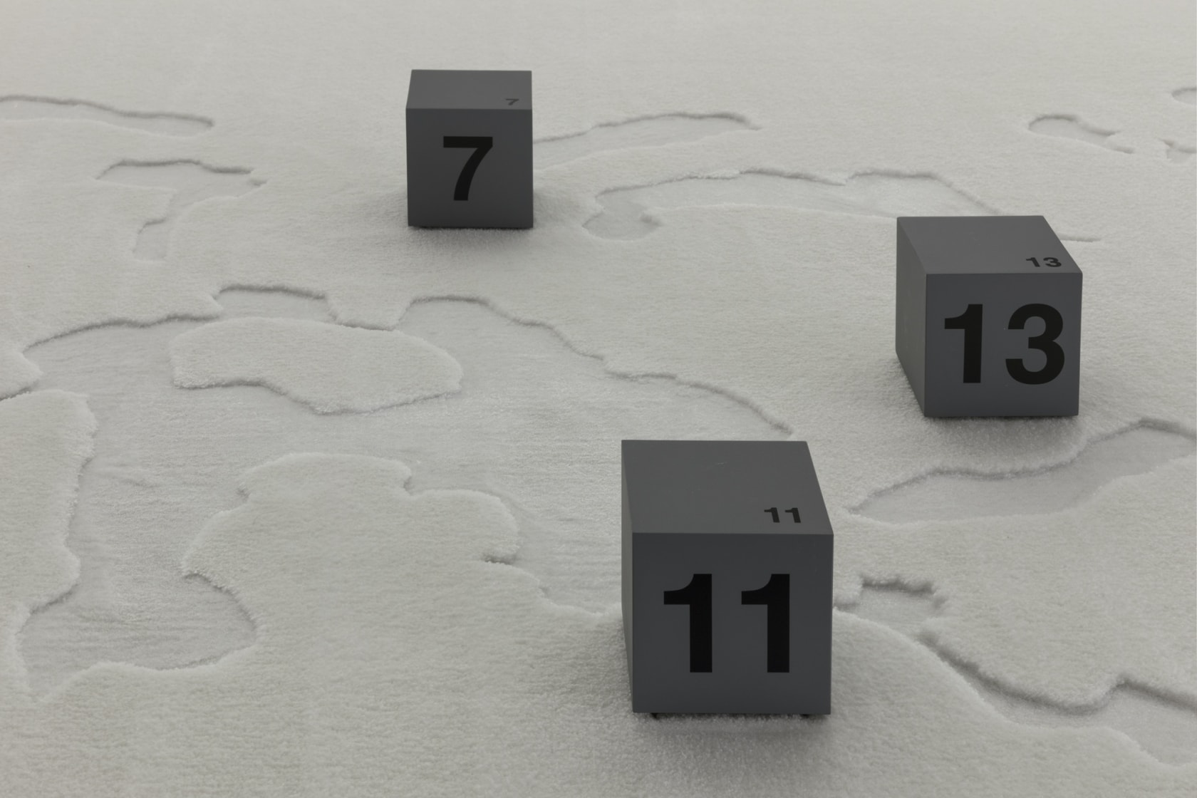 Diagram for Common Ground, 2019 (detail) Carpet, 24 ticking cubes, stanchions Installation dimensions variable (14 x 4 and 10 x...