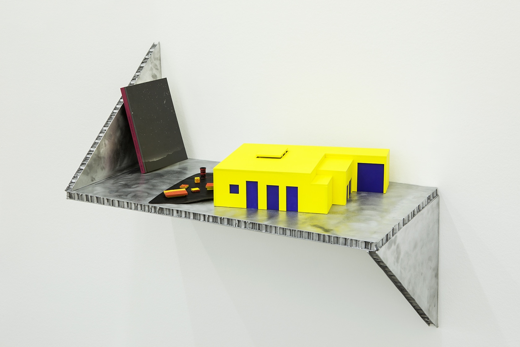 Short story house: House with things outside, 2014, painted wood, leather, yarn spool (house model), offset on paper (book), cast...