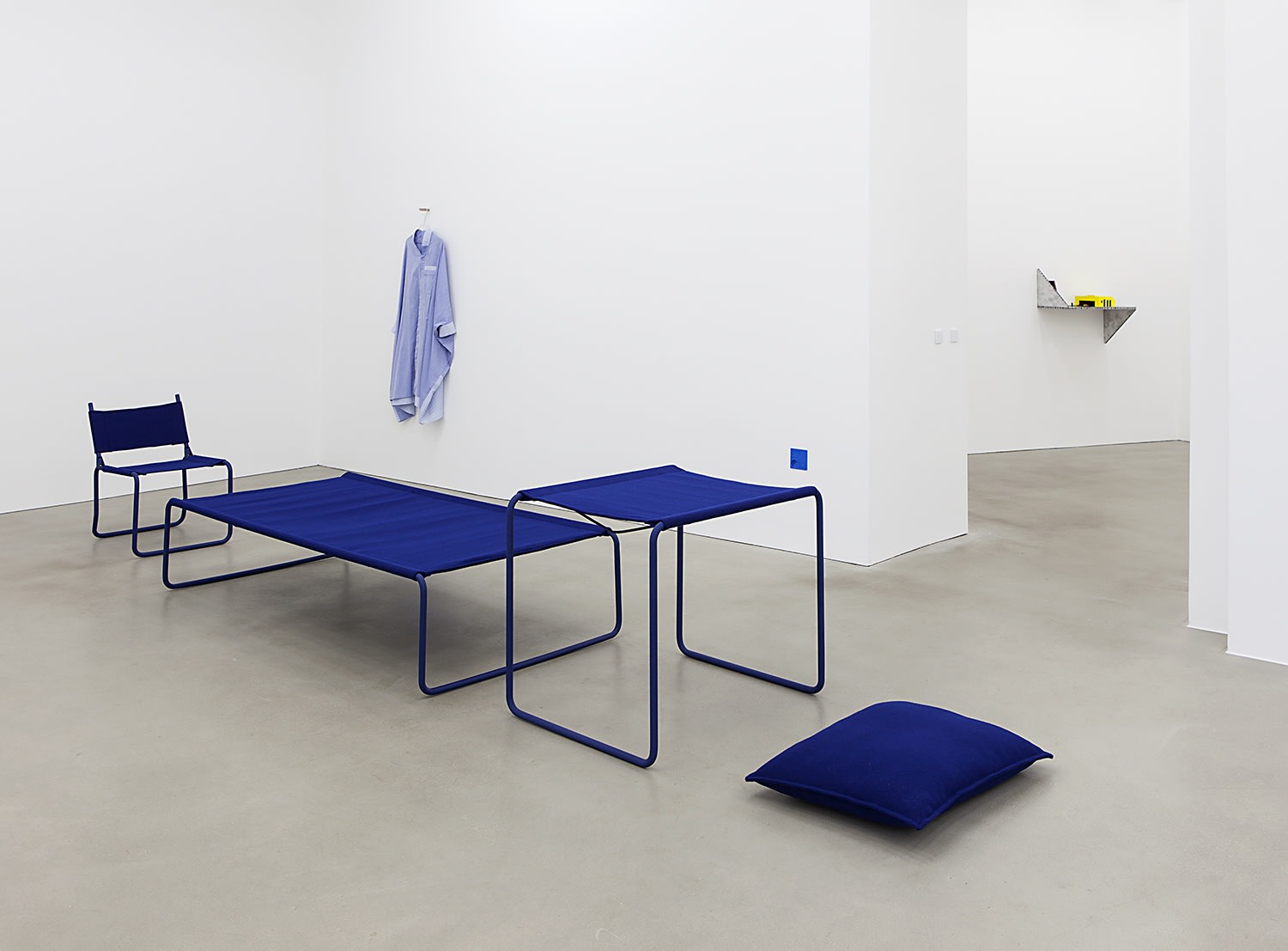 Sequence (chair, bed, table, pillow), 2014 (front) PU paint on metal, wool fabric Custom-made furniture-stools, chairs, a day-bed, tables and...