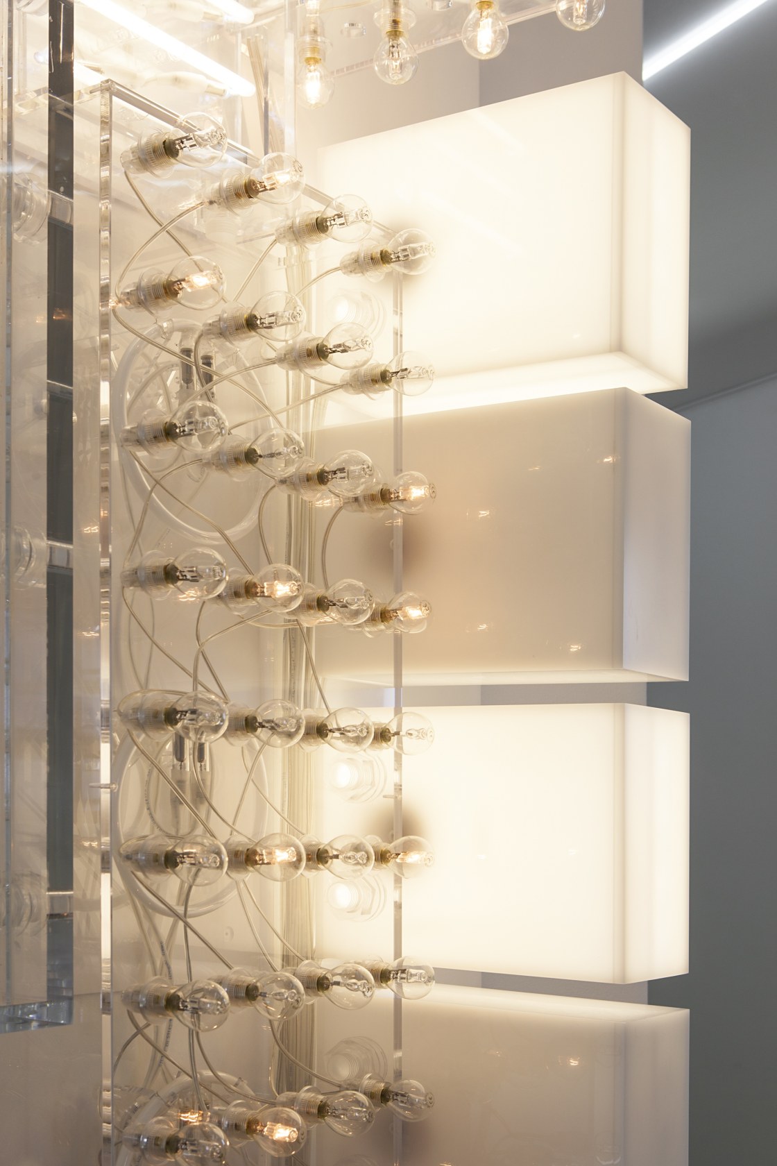 Marquee (cluster), 2014 (detail) 56 neons, 20 transformers, 132 light bulbs, 8 sound transducers, sound amplifiers, microphones, computer, soundcard This...