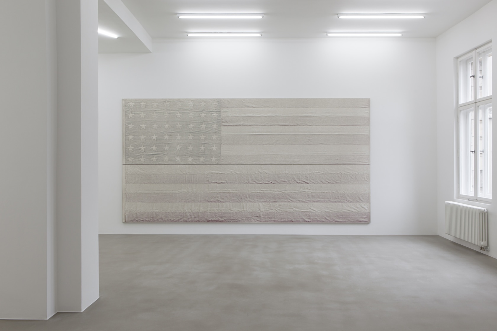 White Flag #9, 2014 Rabbit skin glue, Champagne chalk, raw honey on wool, cotton and metal grommet on linen Formally,...