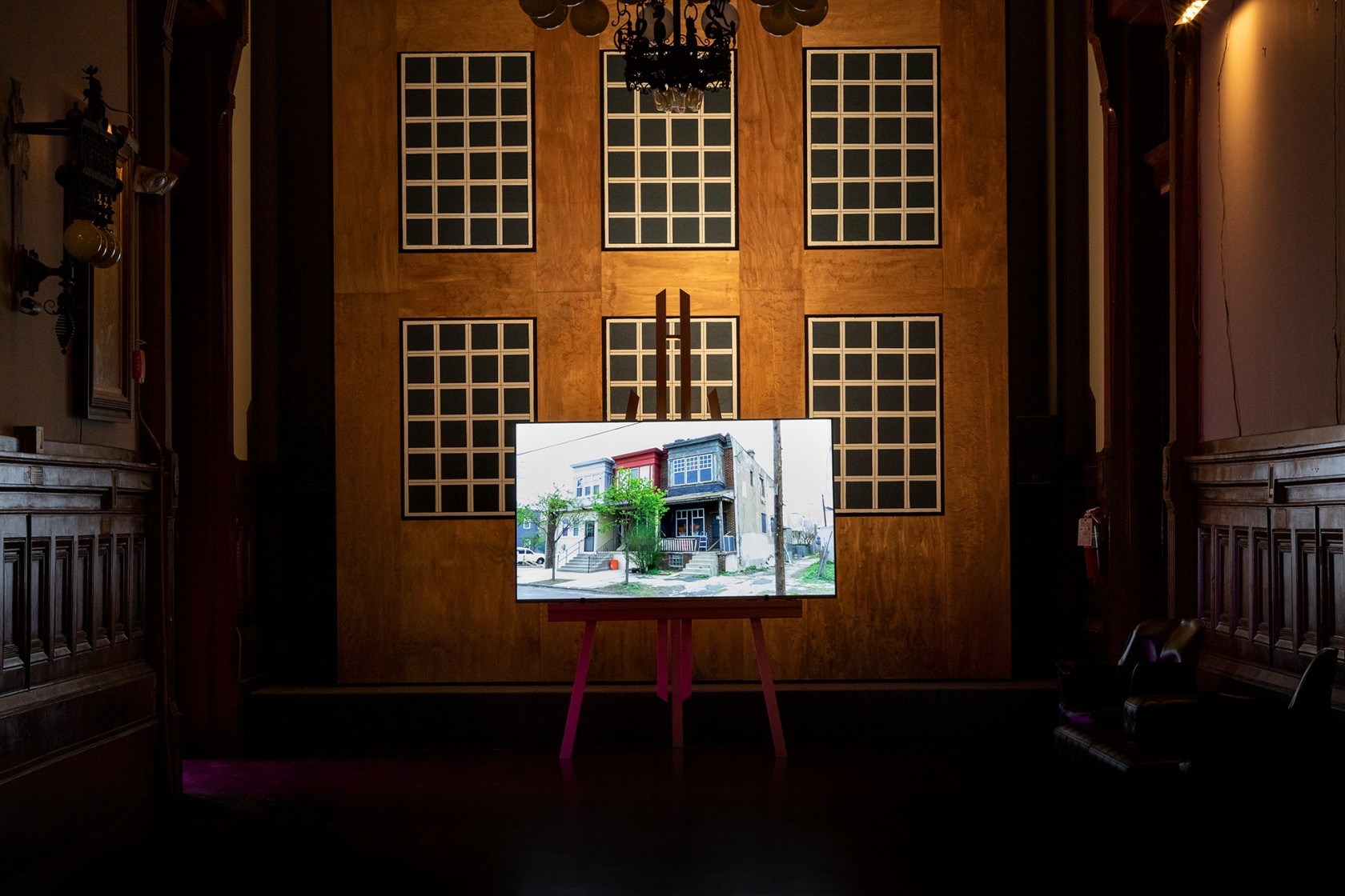 The City of Broken Windows, 2018 Two-channel video (HD, colour, sound), wooden easels, vinyl sticker, panel painting (environment) Variable dimensions...