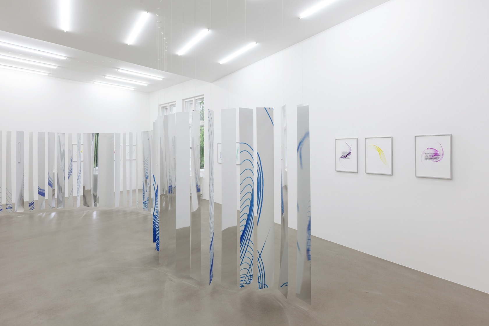 Magic Mirror Curtain, 2015 (center) Mirrored and digitally printed polystyrene panels, thread The large-scale mirror installation forms a spiral. Made...
