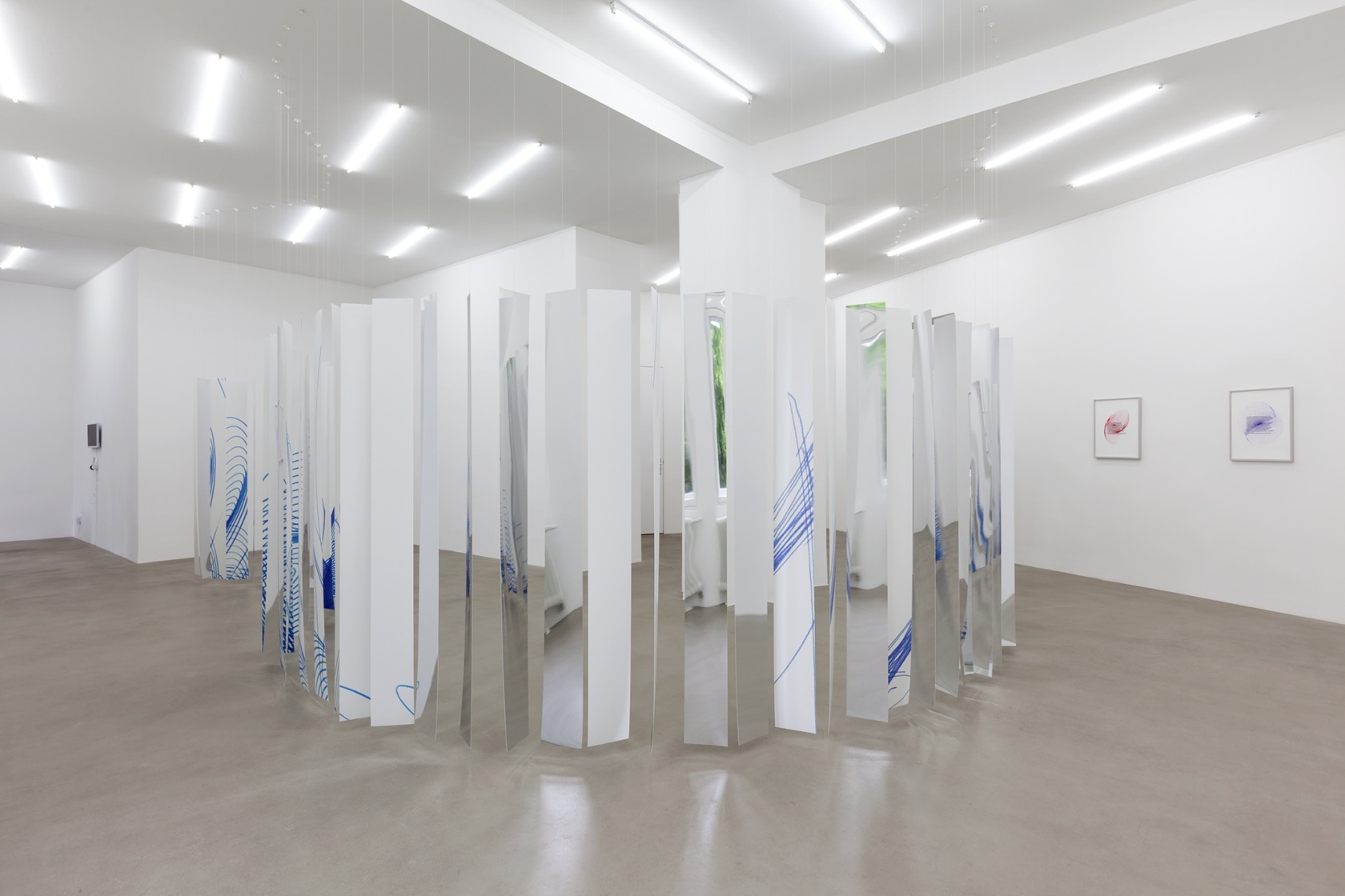 Magic Mirror Curtain, 2015 (center) Mirrored and digitally printed polystyrene panels, thread The large-scale mirror installation forms a spiral. Made...
