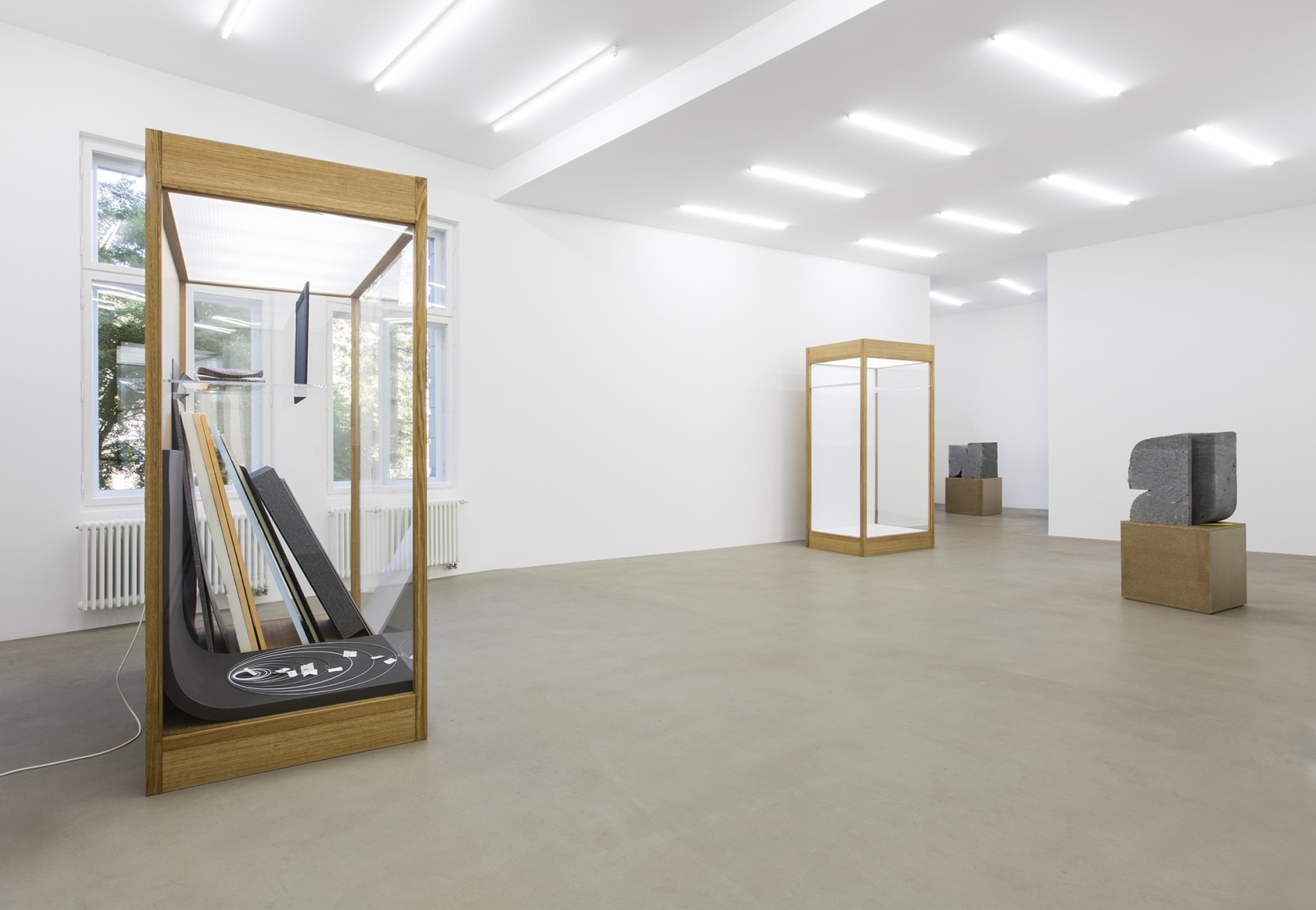 The hard line, hardened, 2015 (left) Mixed media in wood and plexiglas vitrine with interior lighting The vitrine contains an...