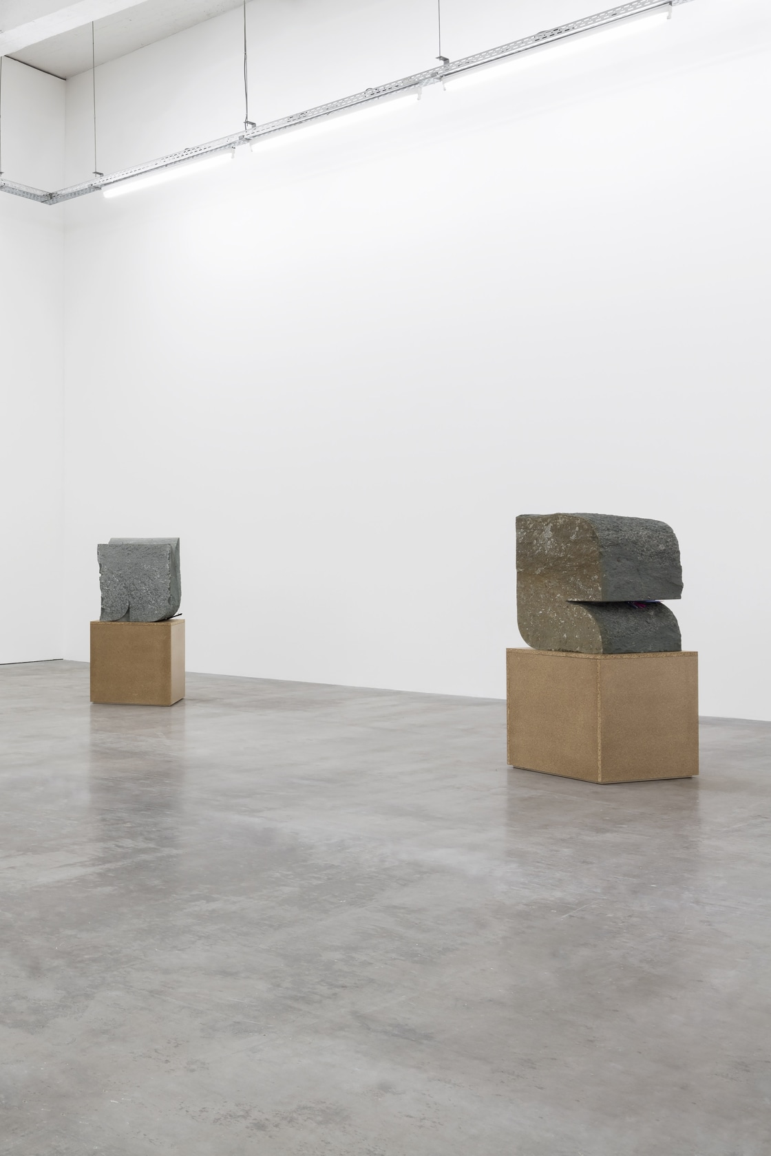 I Collate, I Convey, I Comply (01), 2015 (left) Green Anröchter stone, chipboard plinth, assorted objects 61,5 x 60,2 x...