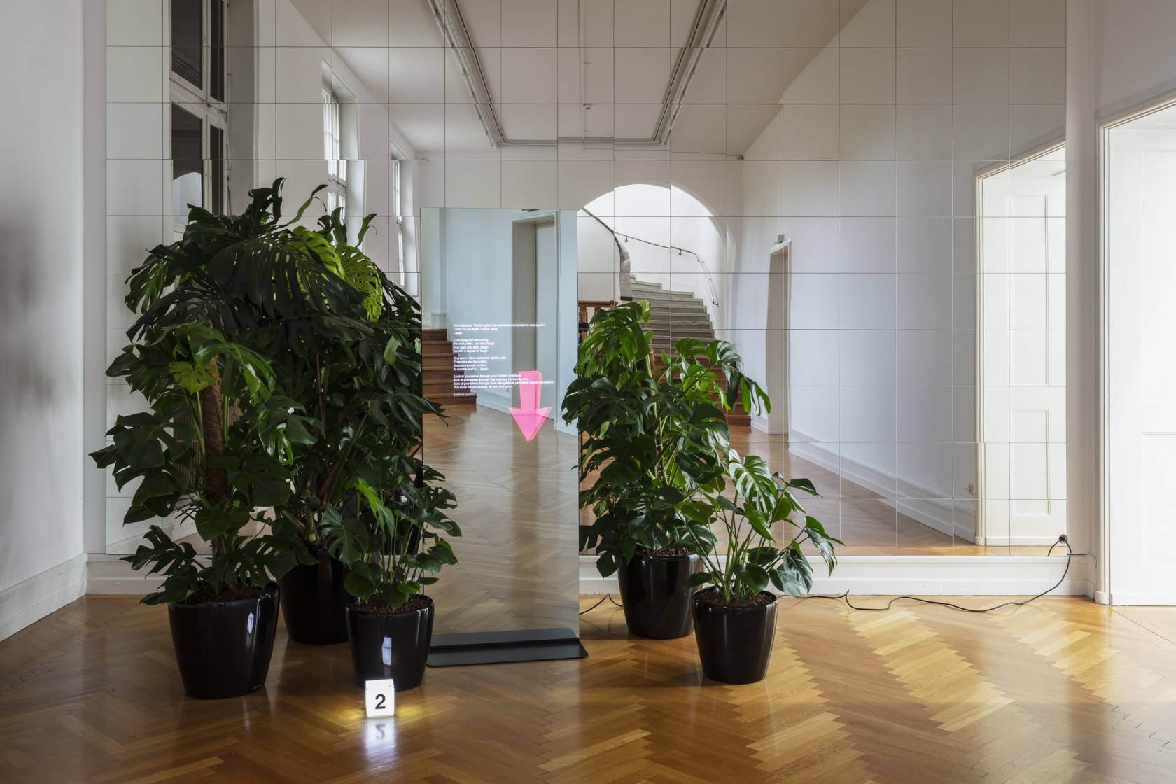 Evidence of Absence, 2019 (detail) (front) Peli cases, acrylic cubes, LED’s Staccato Reflections, 2017 (back) Monitor, glass, metal stand, mirrors,...