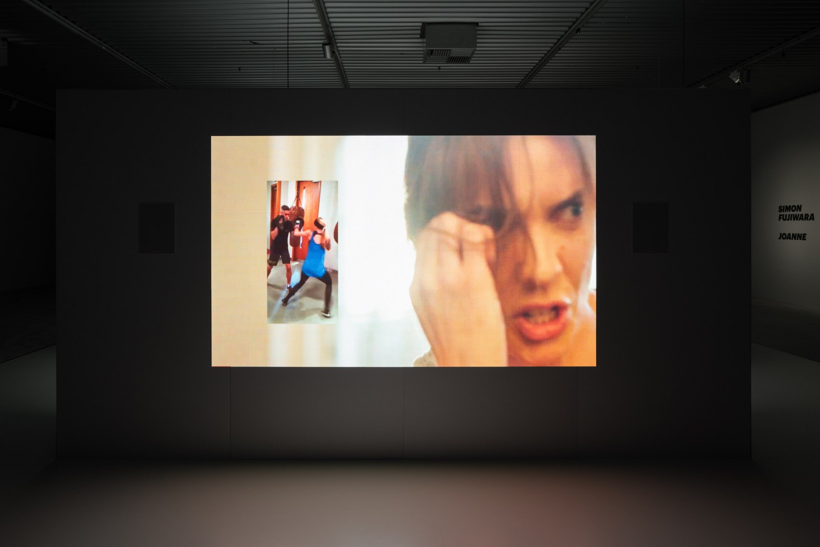 Joanne, 2016/2018 (detail) Three free-standing aluminium-clad structures: one with in-built LED monitors screening video (duration 12:06 min) and digital print,...