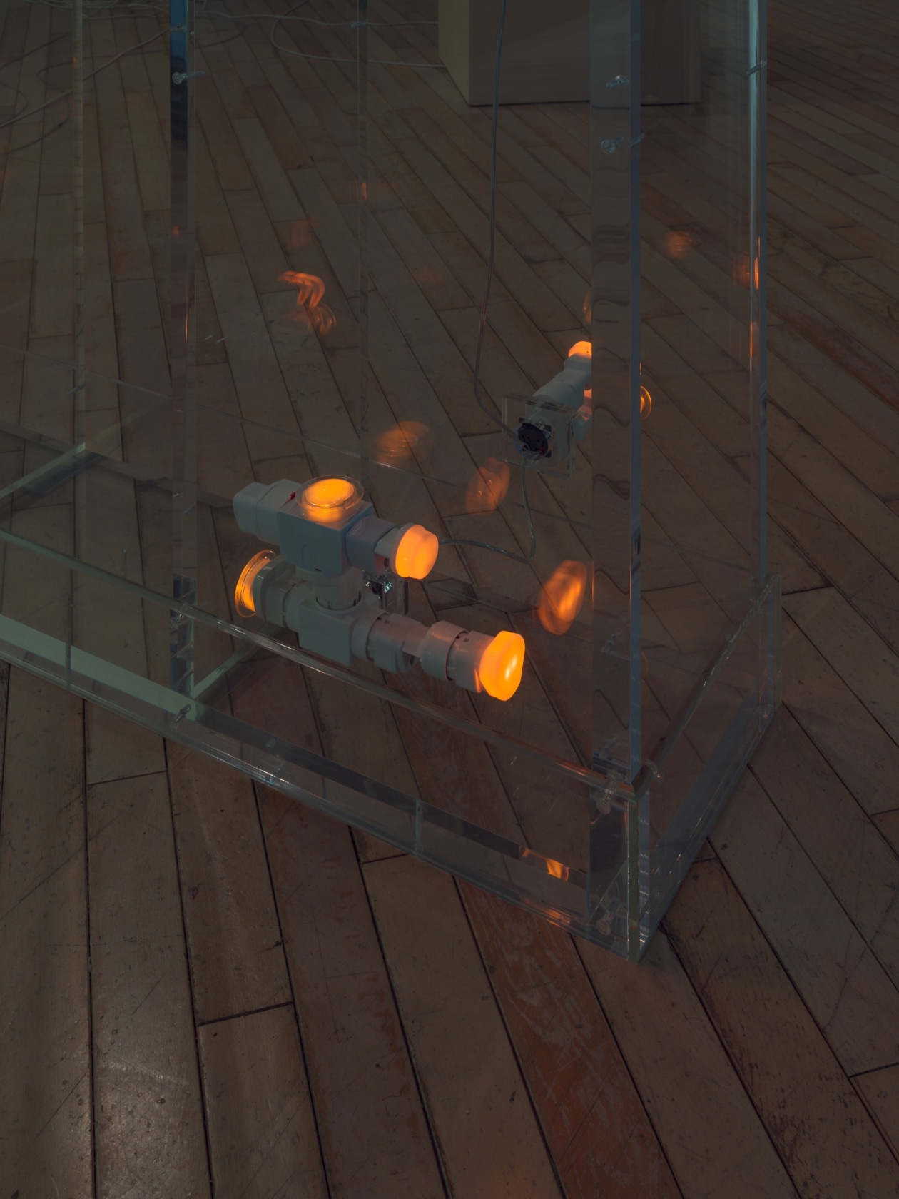 Wall for the Bride, 2018 (detail) Acrylic glass, copper lighting track, LED spotlights, electric plugs and power adapters 285 x...