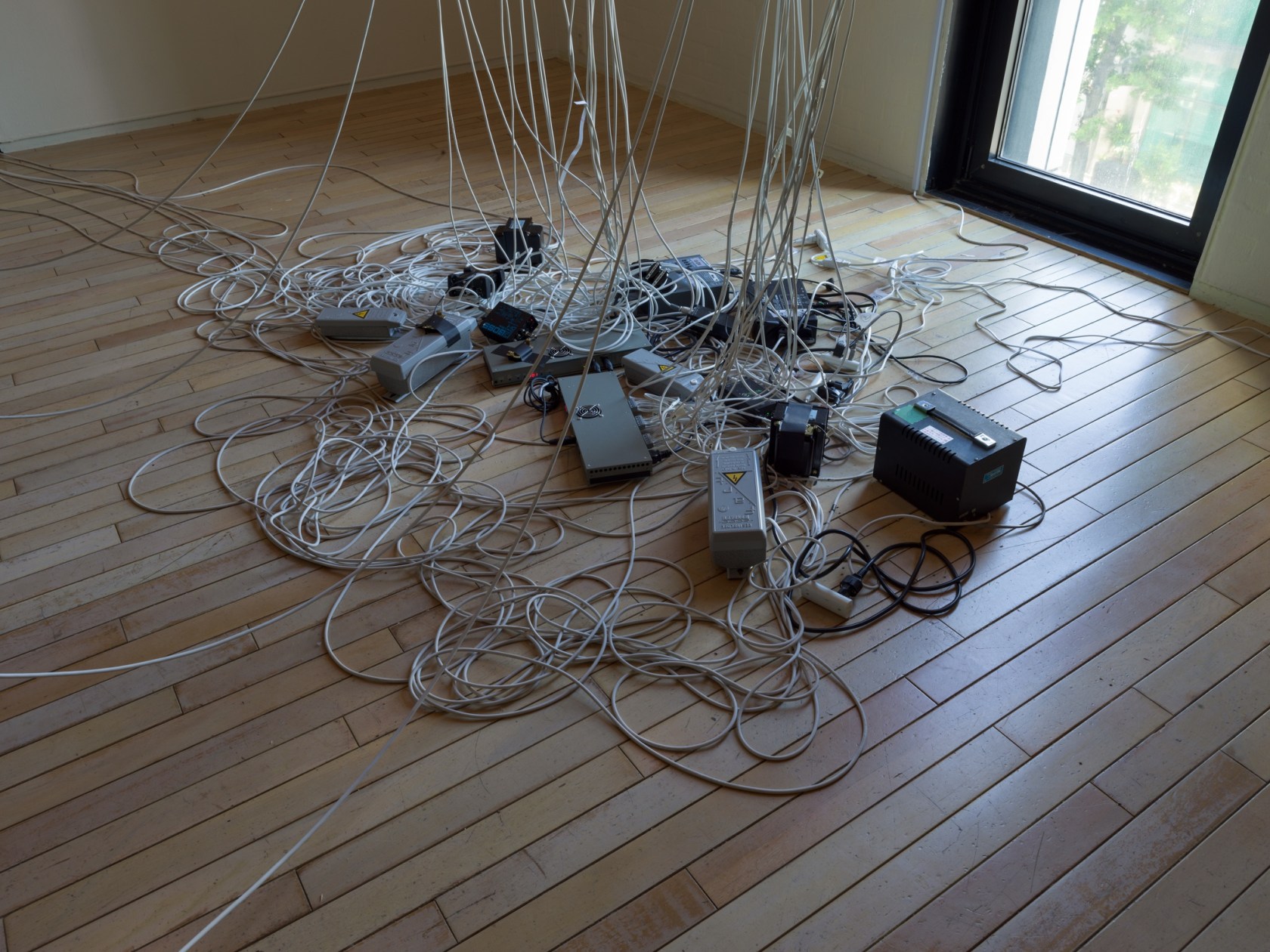 Marquee, 2016 (detail) Opaque Plexiglas, lightbulbs, neon tubes, DMX recorder, dimmers, transducers, light and sound program, opaque acrylic chains 60...