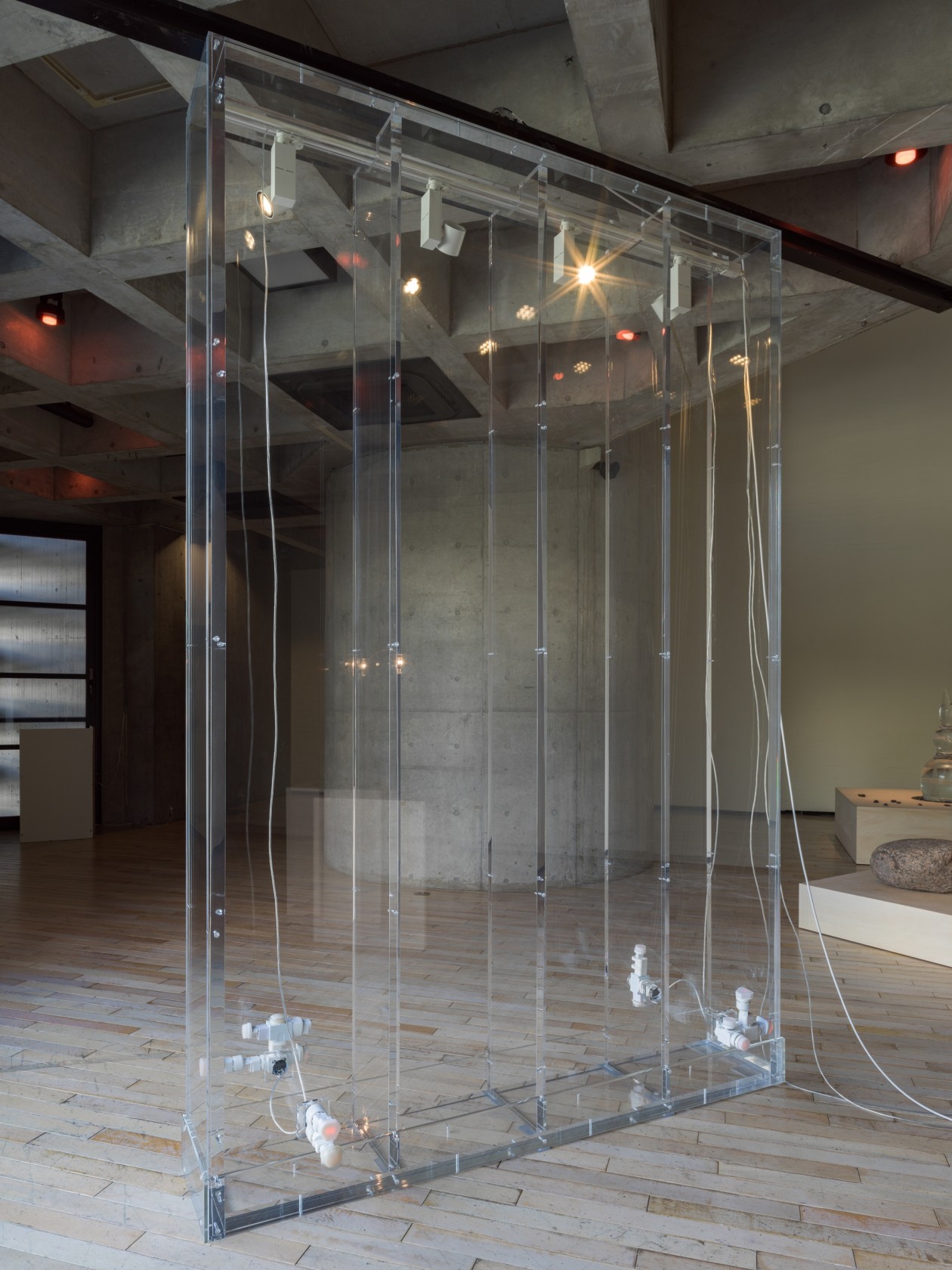 Wall for the Bride, 2018 Acrylic glass, copper lighting track, LED spotlights, electric plugs and power adapters 285 x 186...