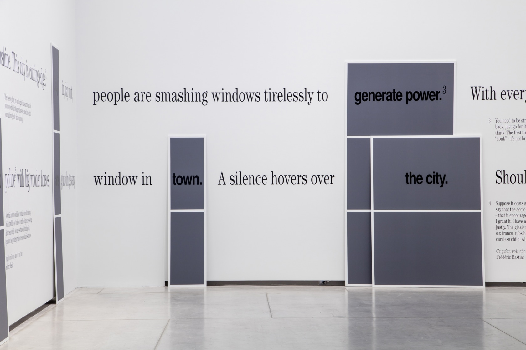 The City of Broken Windows, 2018 (detail) Two-channel video (HD, colour, sound), wooden easels, vinyl sticker, panel painting (environment) Variable...