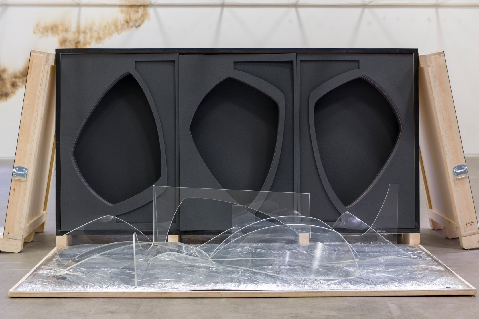 moth wings positive and negative, 2020 Wooden crate with customized CNC cut thermally insulated foam, fiberglass, aluminum 120 x 260...