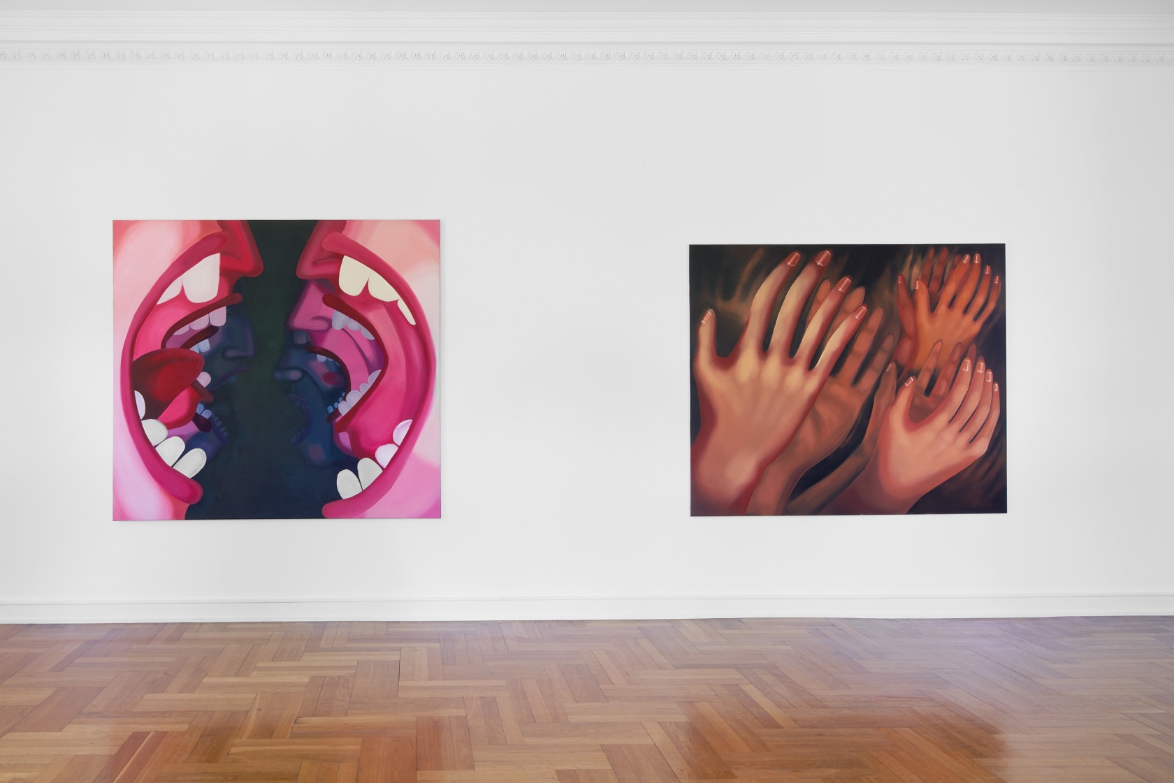 Left to right: Karolina Jabłońska, Screaming people, 2017; Karolina Jabłońska, Applause, 2019, oil on canvas, 160 × 190 cm. Exhibition...